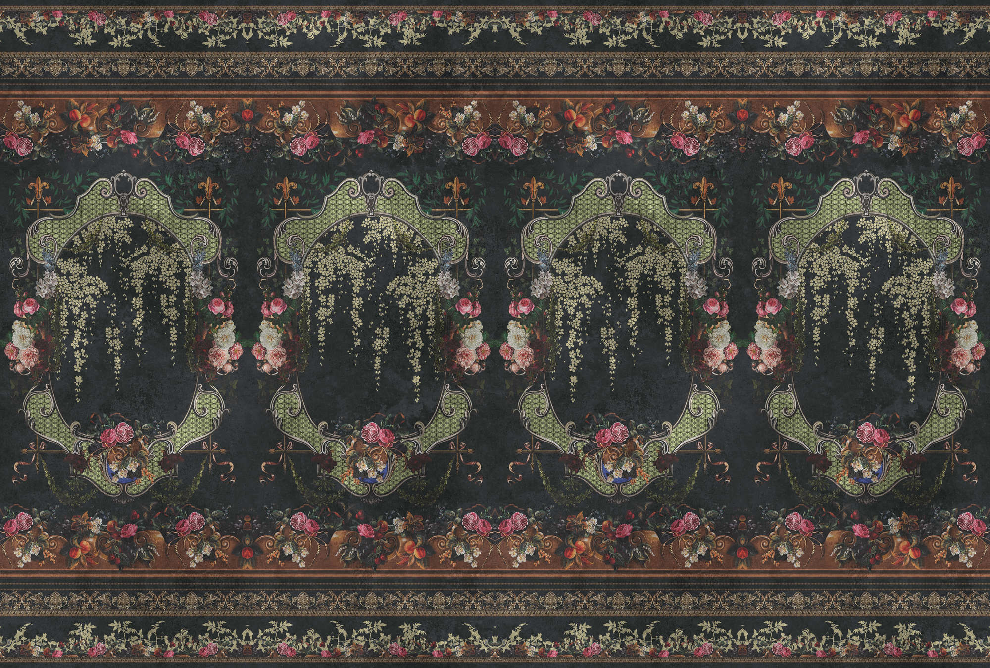             Photo wallpaper »babette« - Ornamental panelling with floral design on vintage plaster texture - red, dark blue | Smooth, slightly shiny premium non-woven fabric
        