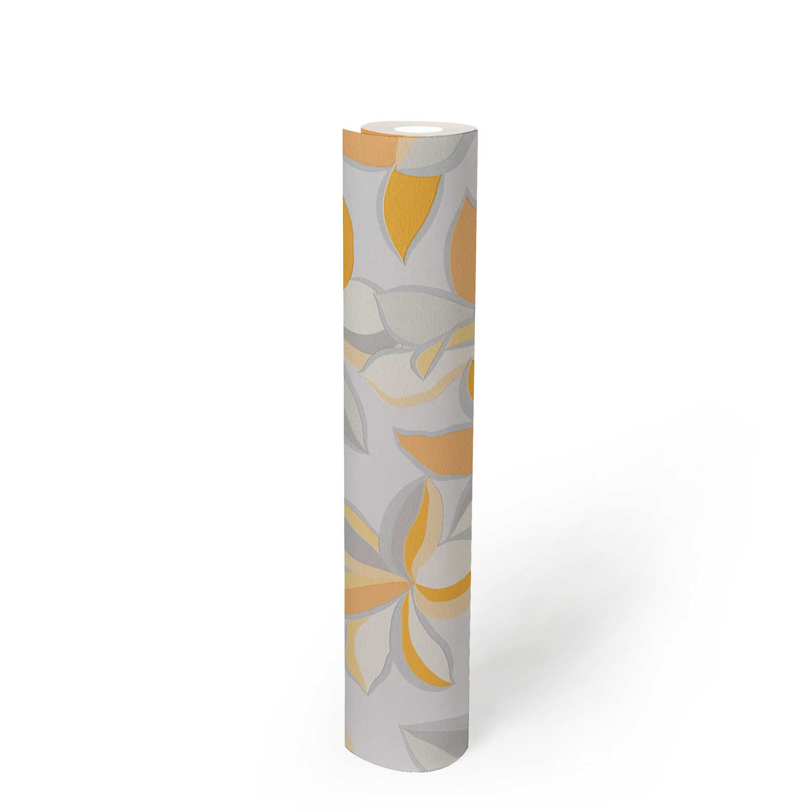             Papier peint intissé avec motif floral & aspect métallique - jaune, orange, gris
        