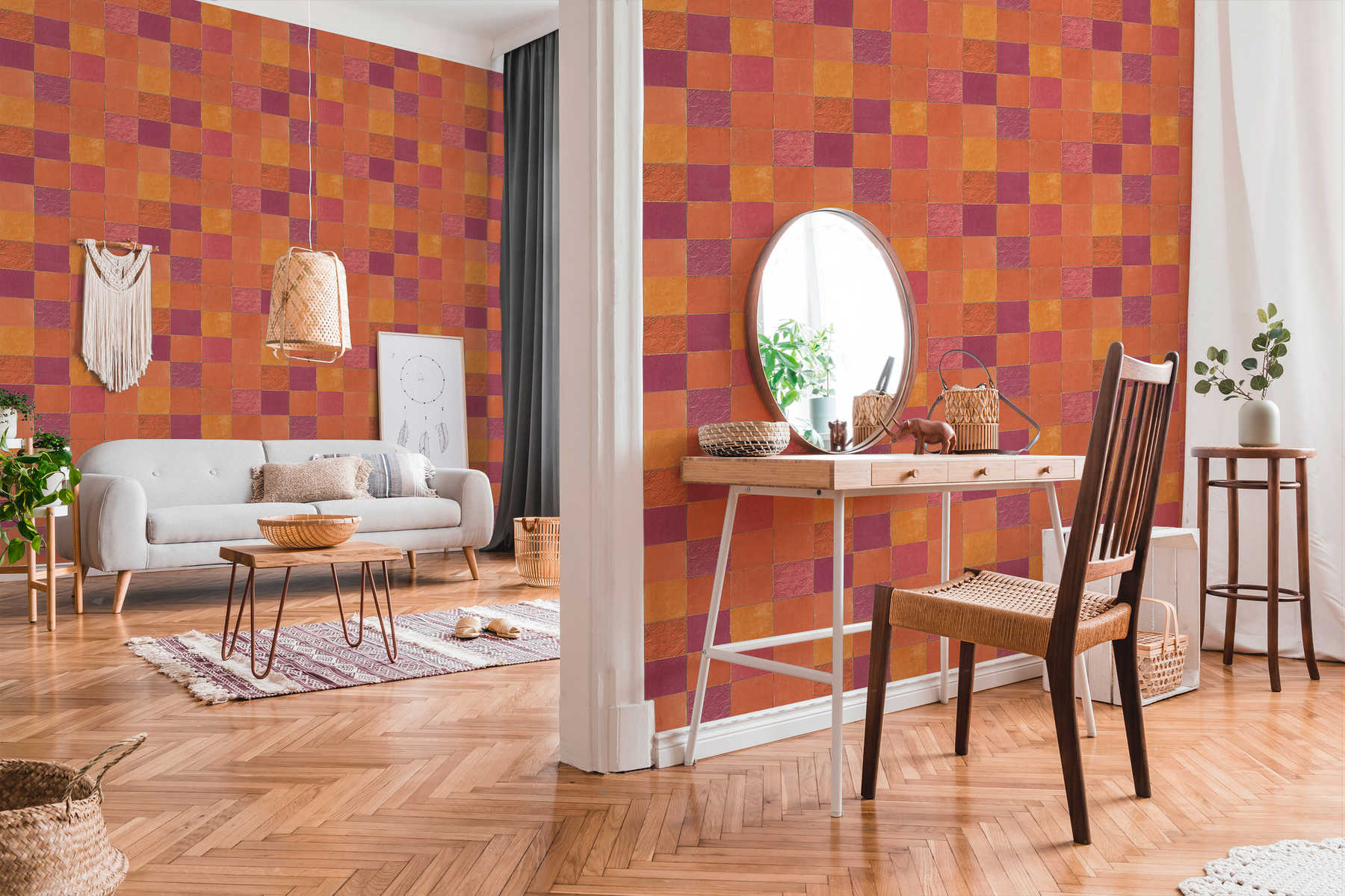             Tile wallpaper oriental mosaic - orange, red
        