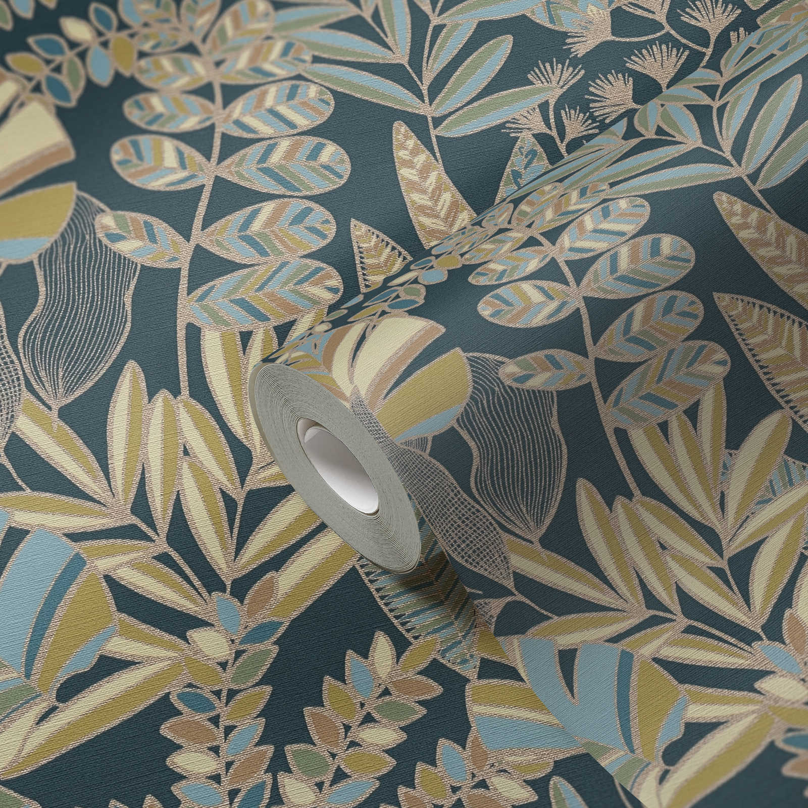             Papel pintado no tejido de estilo selvático con efecto brillante - azul, dorado, verde
        