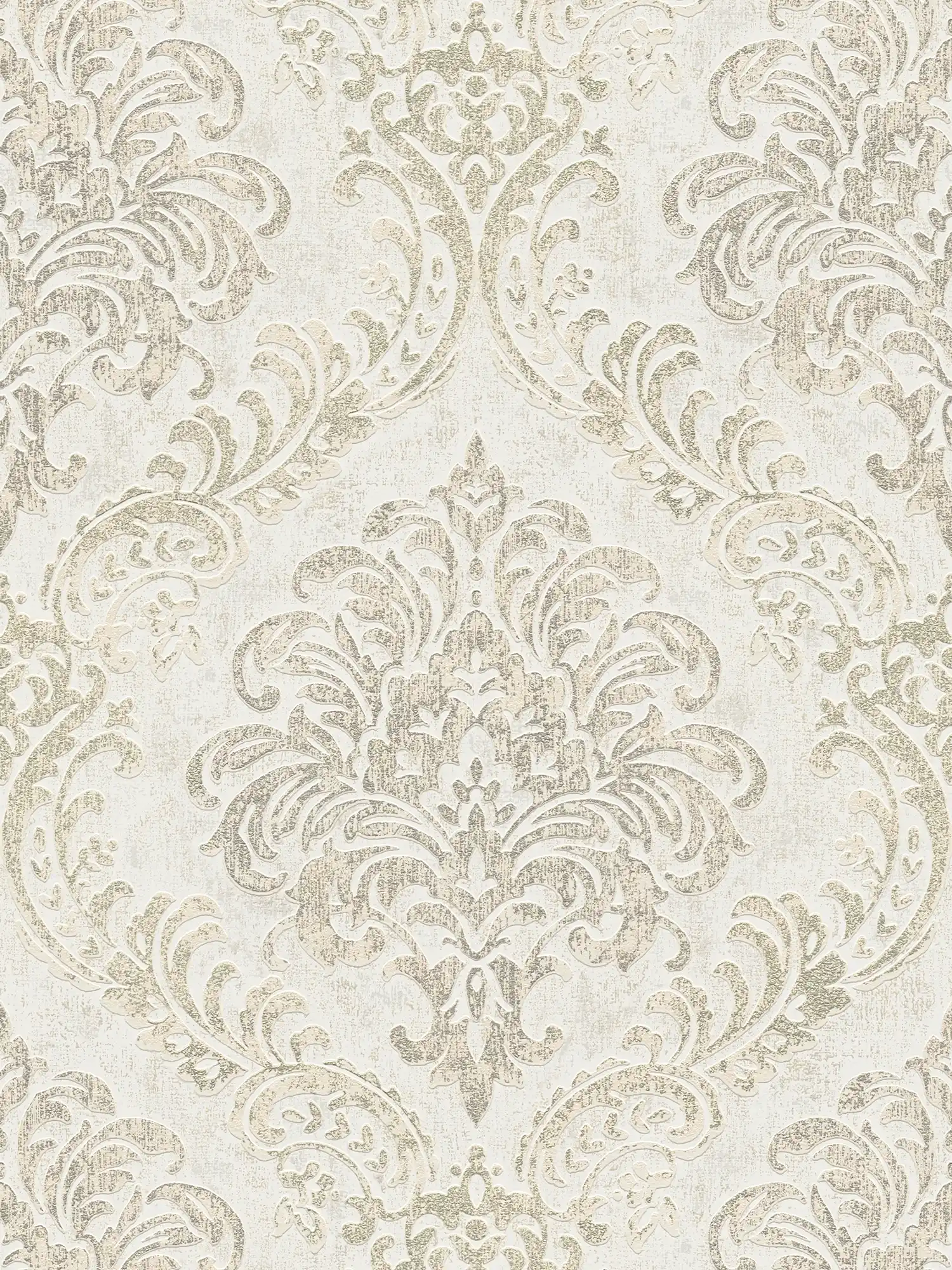 Papel pintado barroco con adornos y aspecto metálico - blanco, plata, oro
