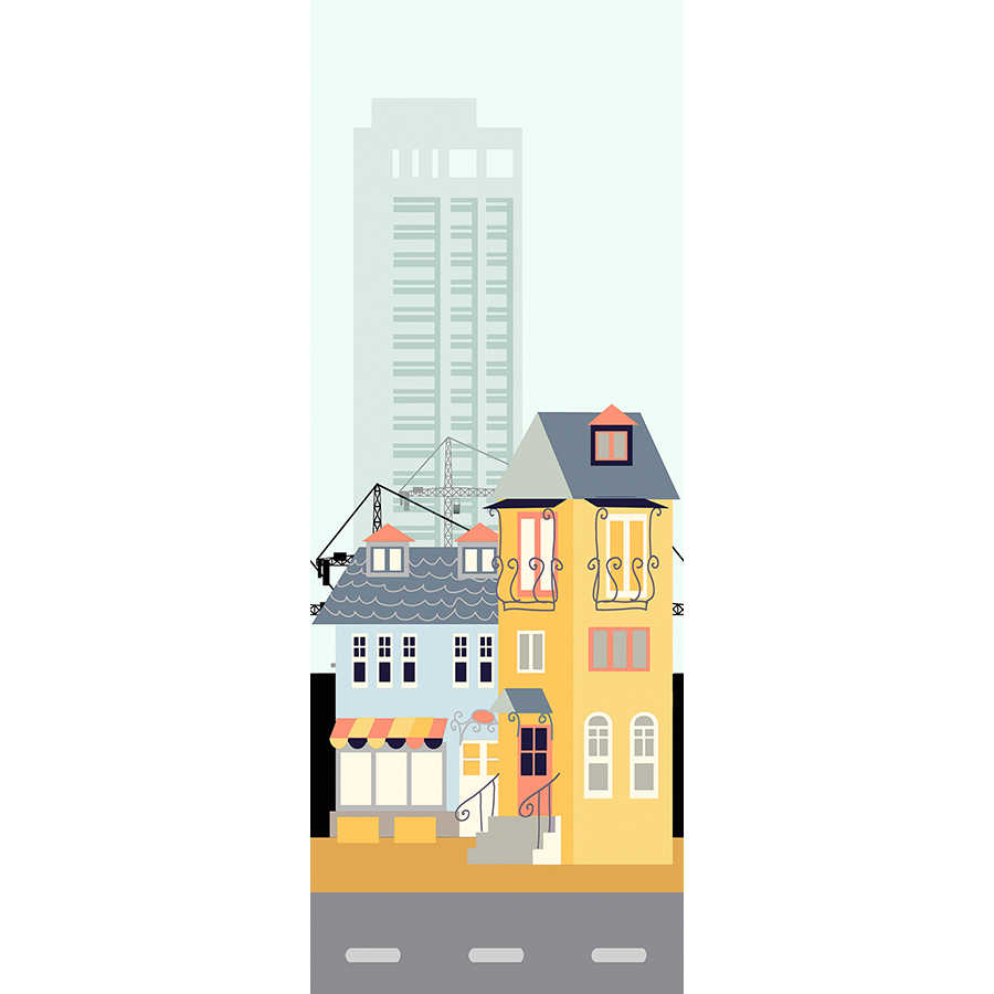 Stadsmuurschildering met flatgebouwen en wolkenkrabber op parelmoer glad fleece
