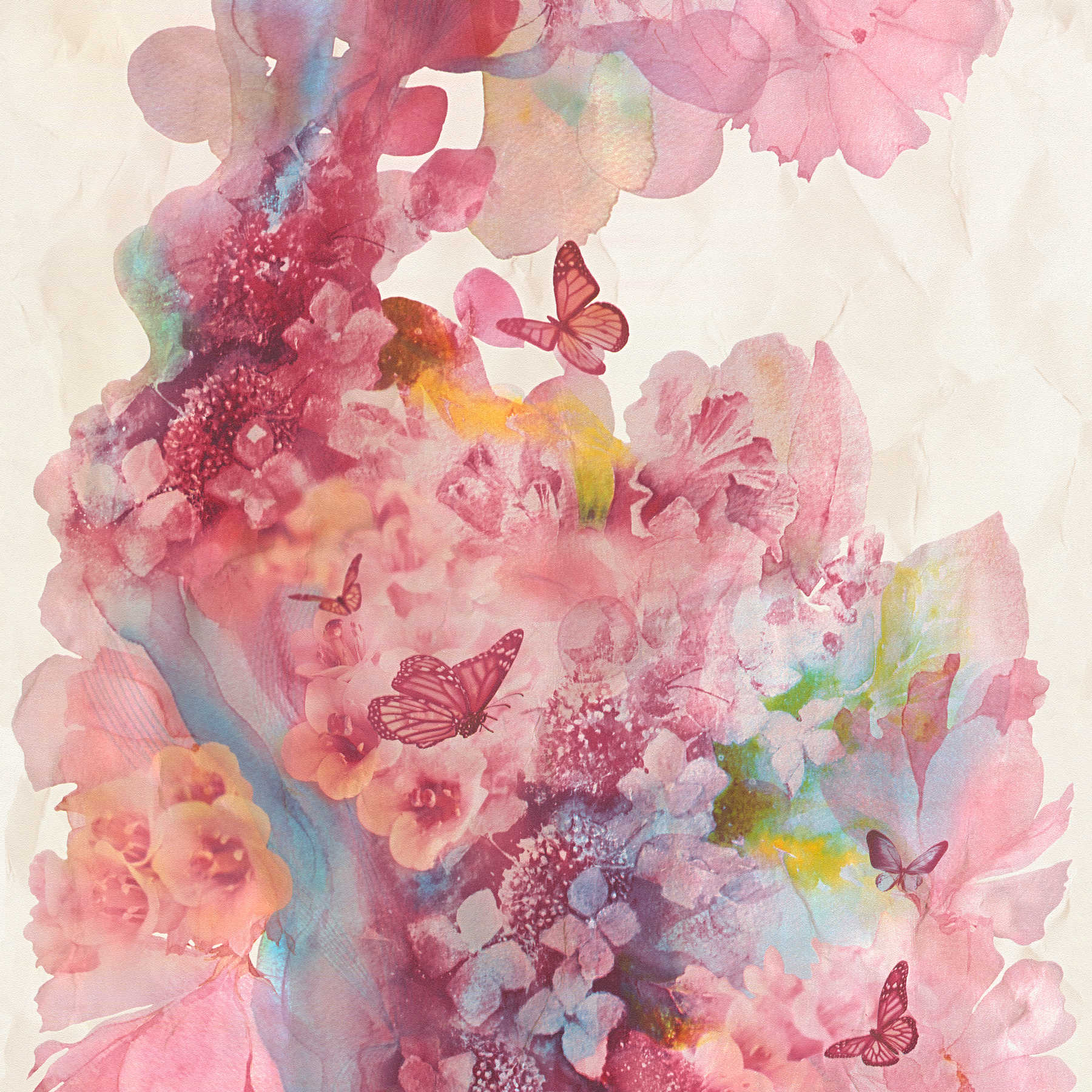 Wallpaper watercolour with flowers & butterflies - colourful
