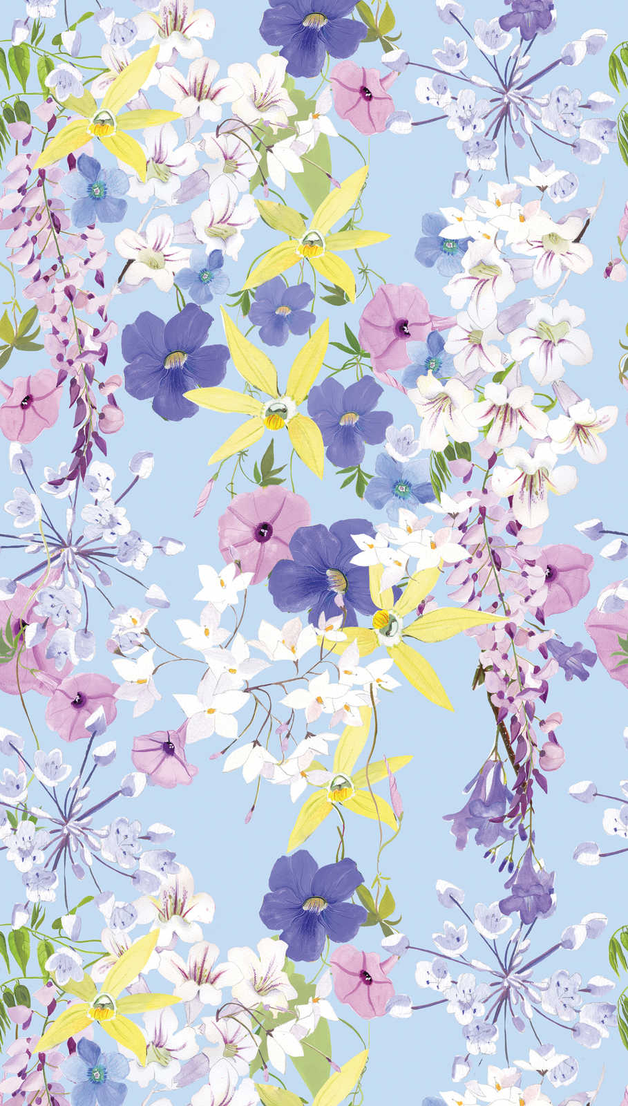             Flower motif wallpaper in cool colours - multicoloured, lilac, yellow
        