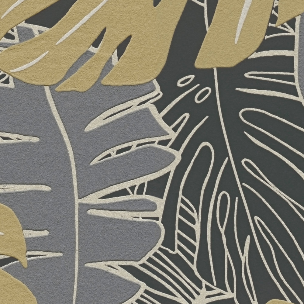             Carta da parati Jungle con foglie di banano e aspetto metallico - nero, oro, grigio
        