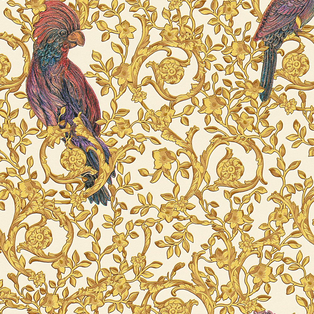             Papel pintado VERSACE Home pájaros del paraíso y acentos dorados - oro, púrpura, crema
        