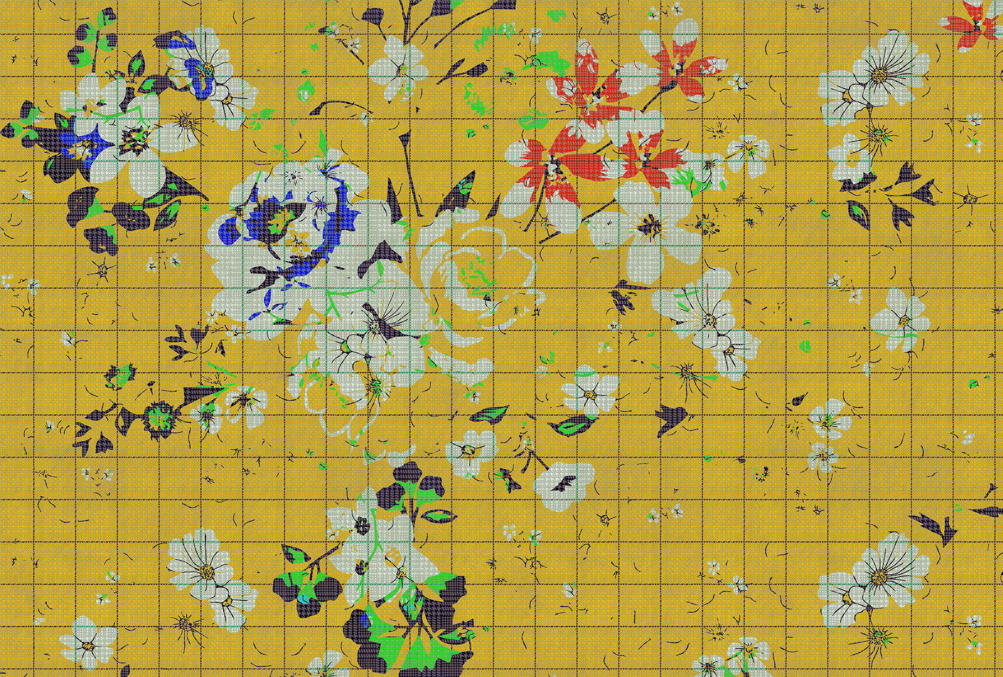             Bloemrijkplaid 1 - Digital behang kleurrijk bloemenmozaïek geel met ruitjeslook - Blauw, Geel | Matte gladde vlieseline
        