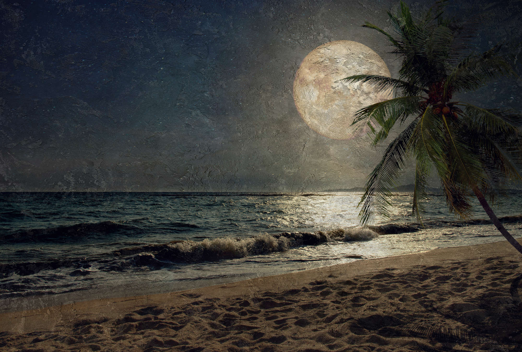             Carta da parati in stile artistico "Spiaggia, vista mare e luna" - Bianco, marrone, blu
        