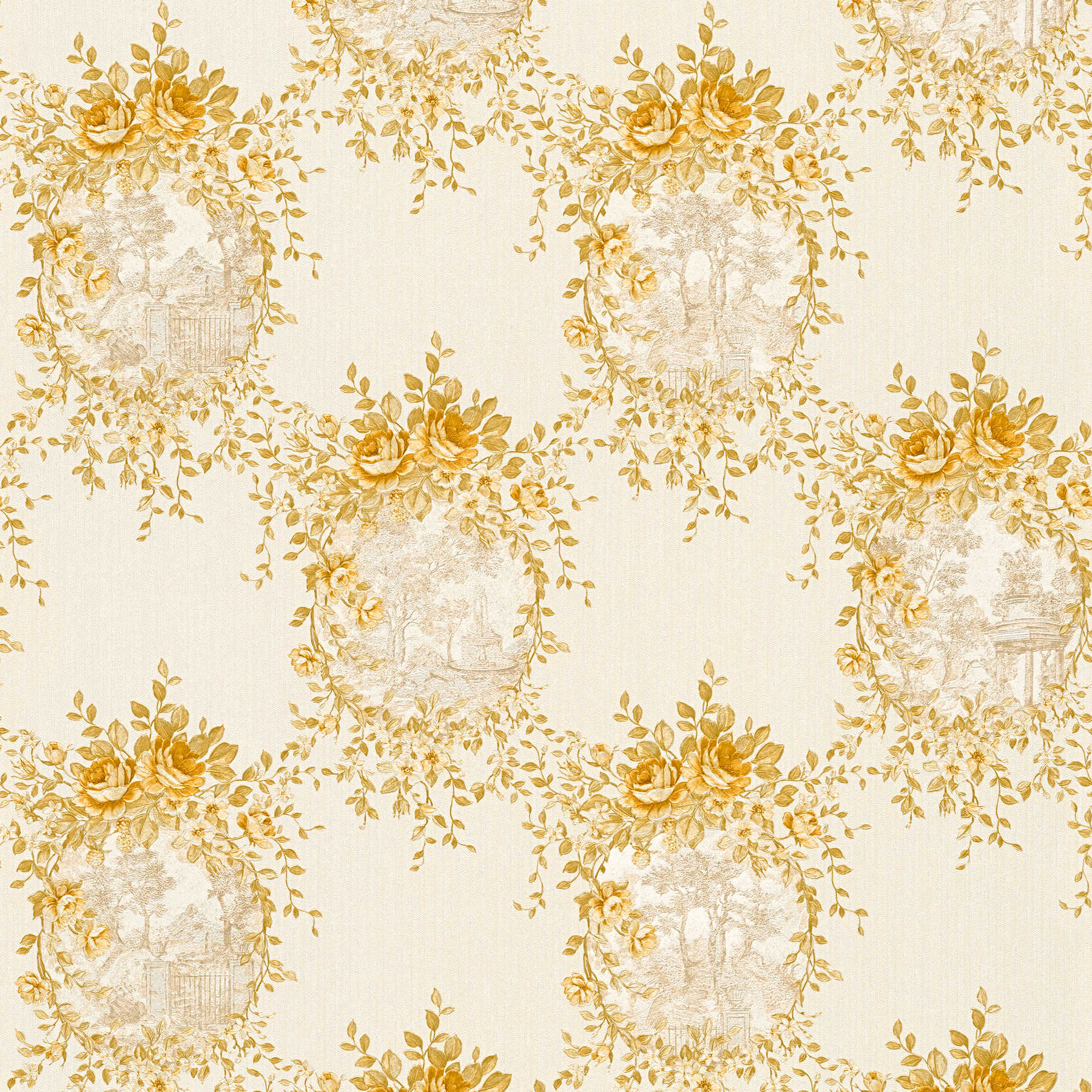 Ornament wallpaper landscape & roses emblem - beige, gold
