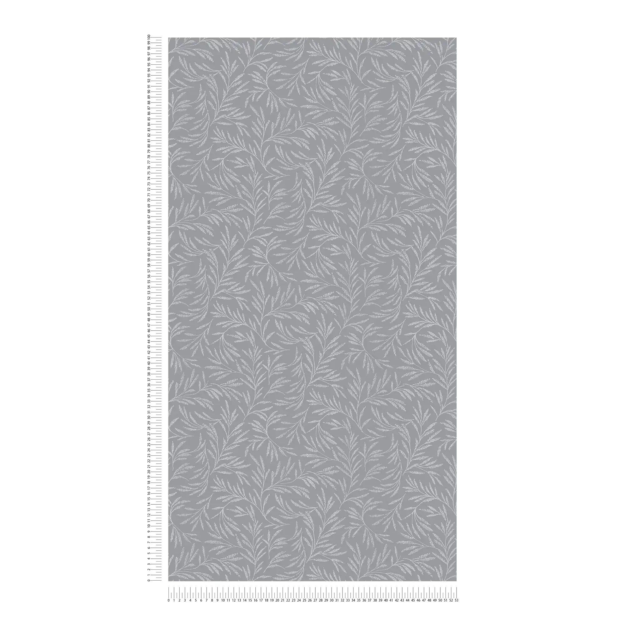             Grijs vliesbehang met zilveren bladmotief
        