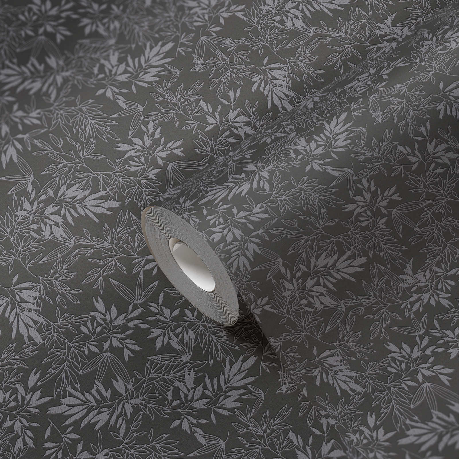             Papier peint à motif de feuilles avec structure en mousse - noir, gris
        