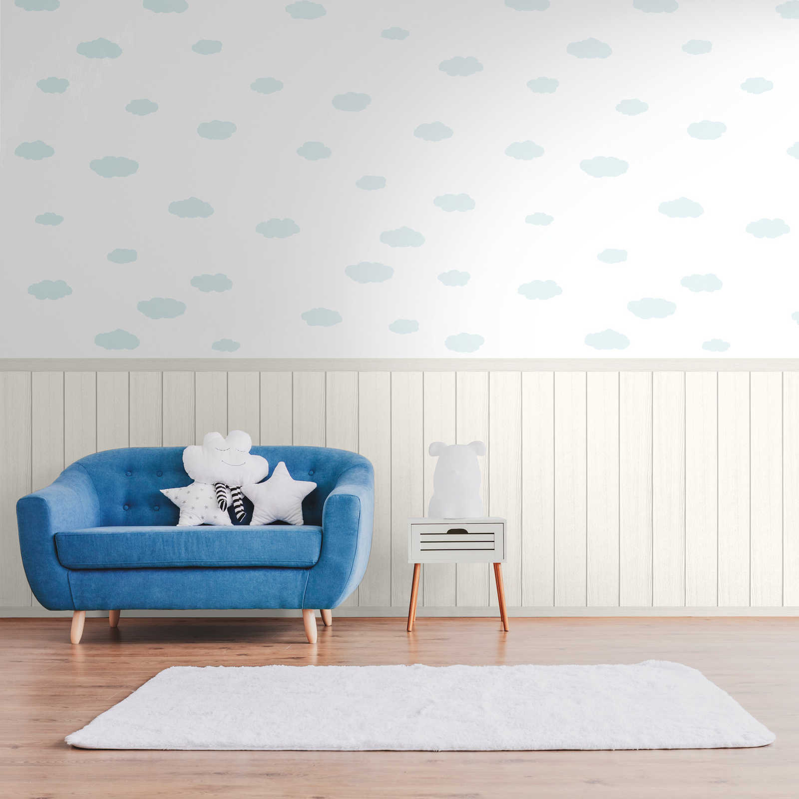 Non-woven motif wallpaper with wood-effect plinth border and cloud pattern - white, blue, grey
