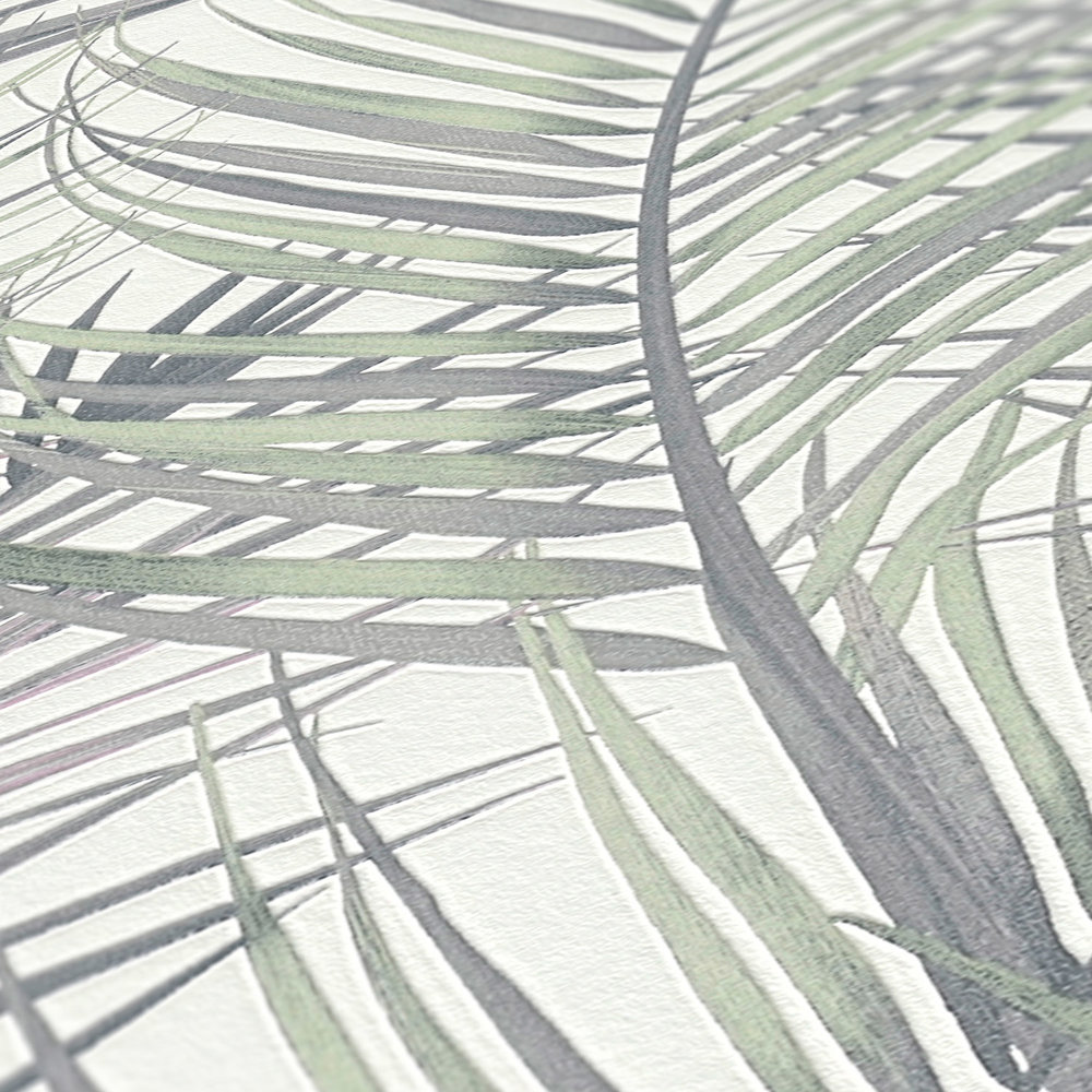             Feuilles de palmier papier peint intissé in mat - gris, vert, blanc
        