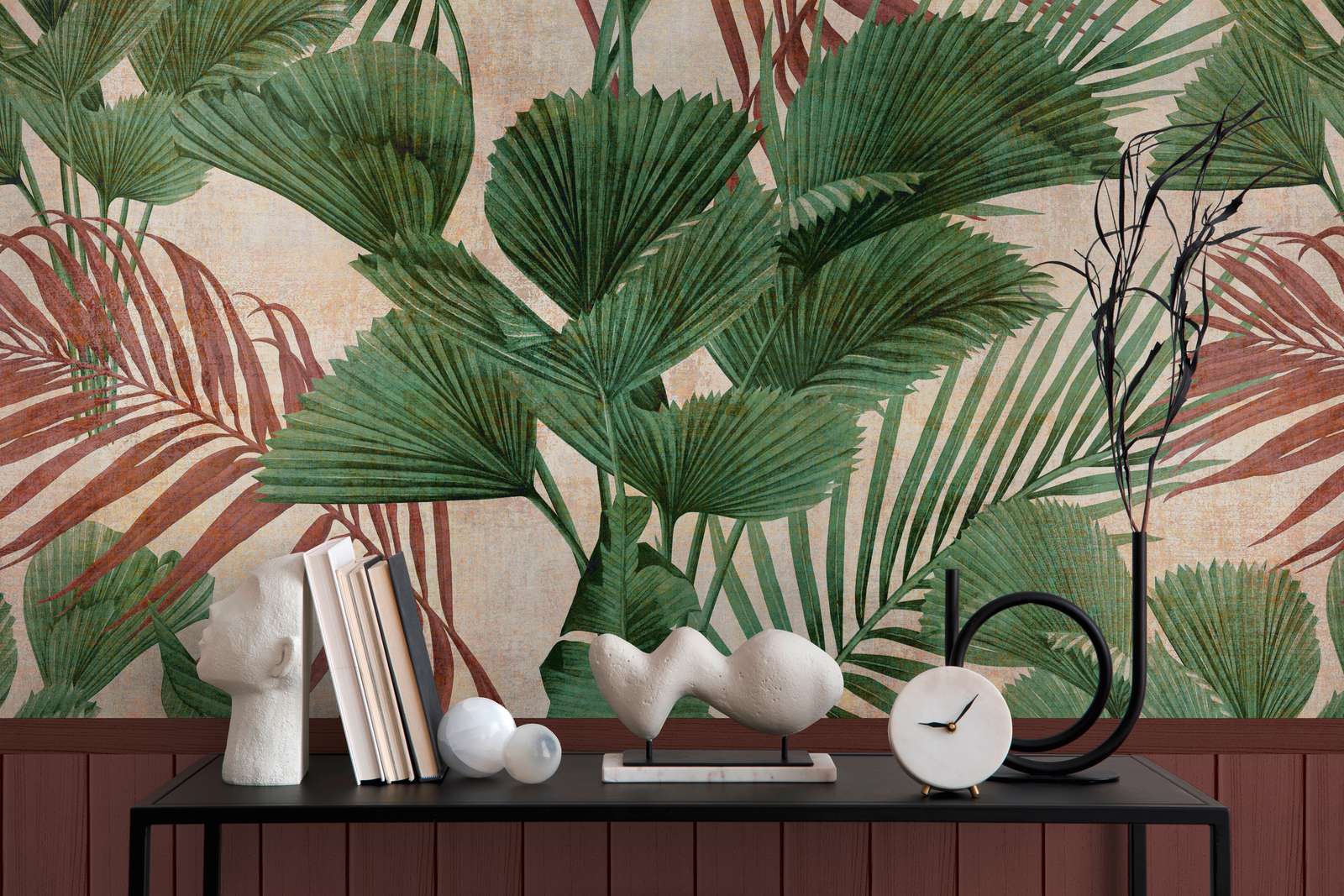             papier peint en papier intissé à motifs avec bordure de plinthe imitation bois et motif jungle - rouge, vert, beige
        