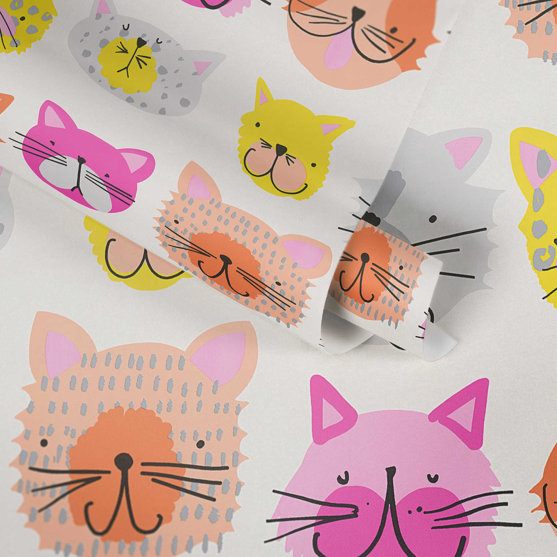             Papel pintado de gato colorido en estilo cómico para la habitación de los niños - rosa, amarillo
        