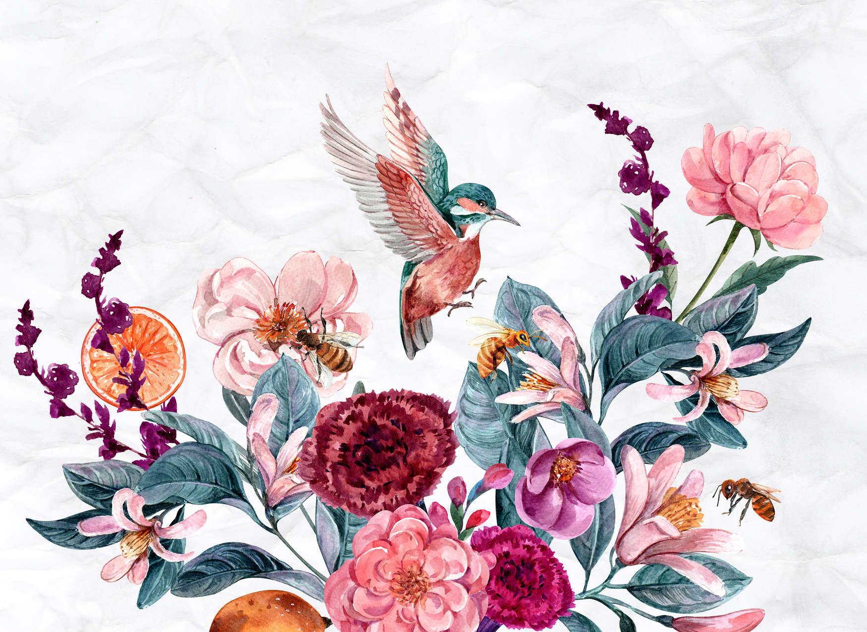             Carta da parati con fiori e uccelli su sfondo 3D - Rosa, verde, bianco
        