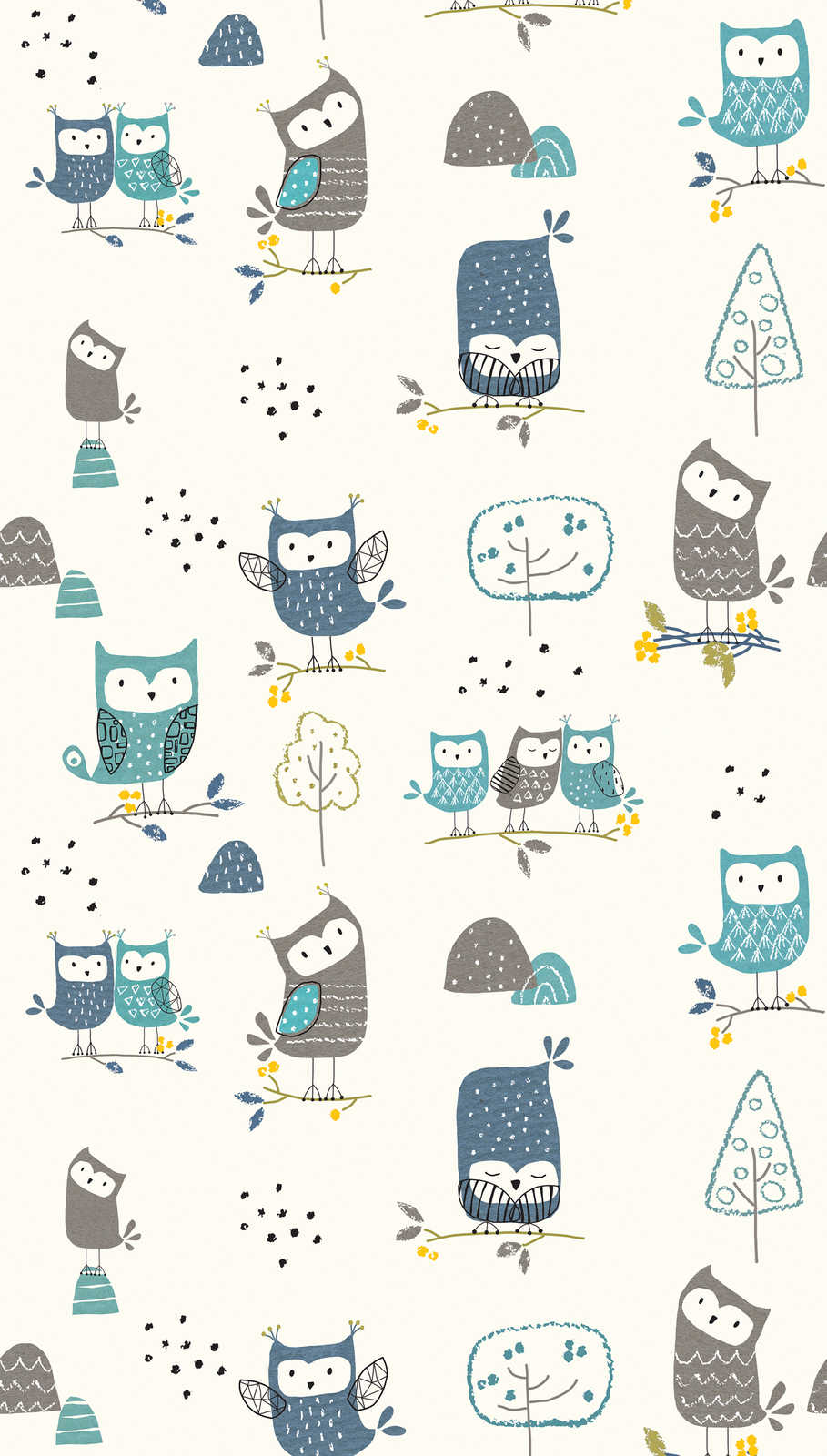             Kids non-woven wallpaper with owls and trees - colourful, cream, blue
        