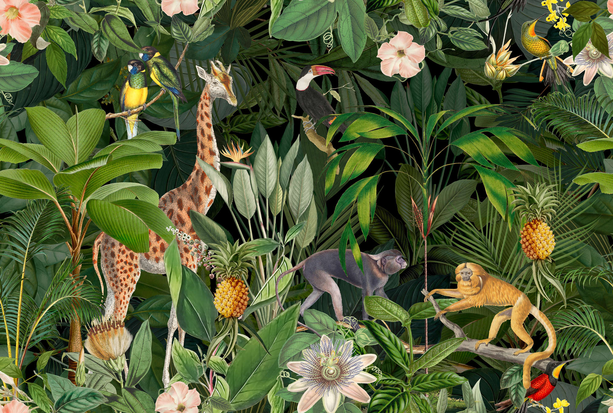             Jungle Behang Wildlife Giraffe, Apen & Vogels voor Kinderkamer
        
