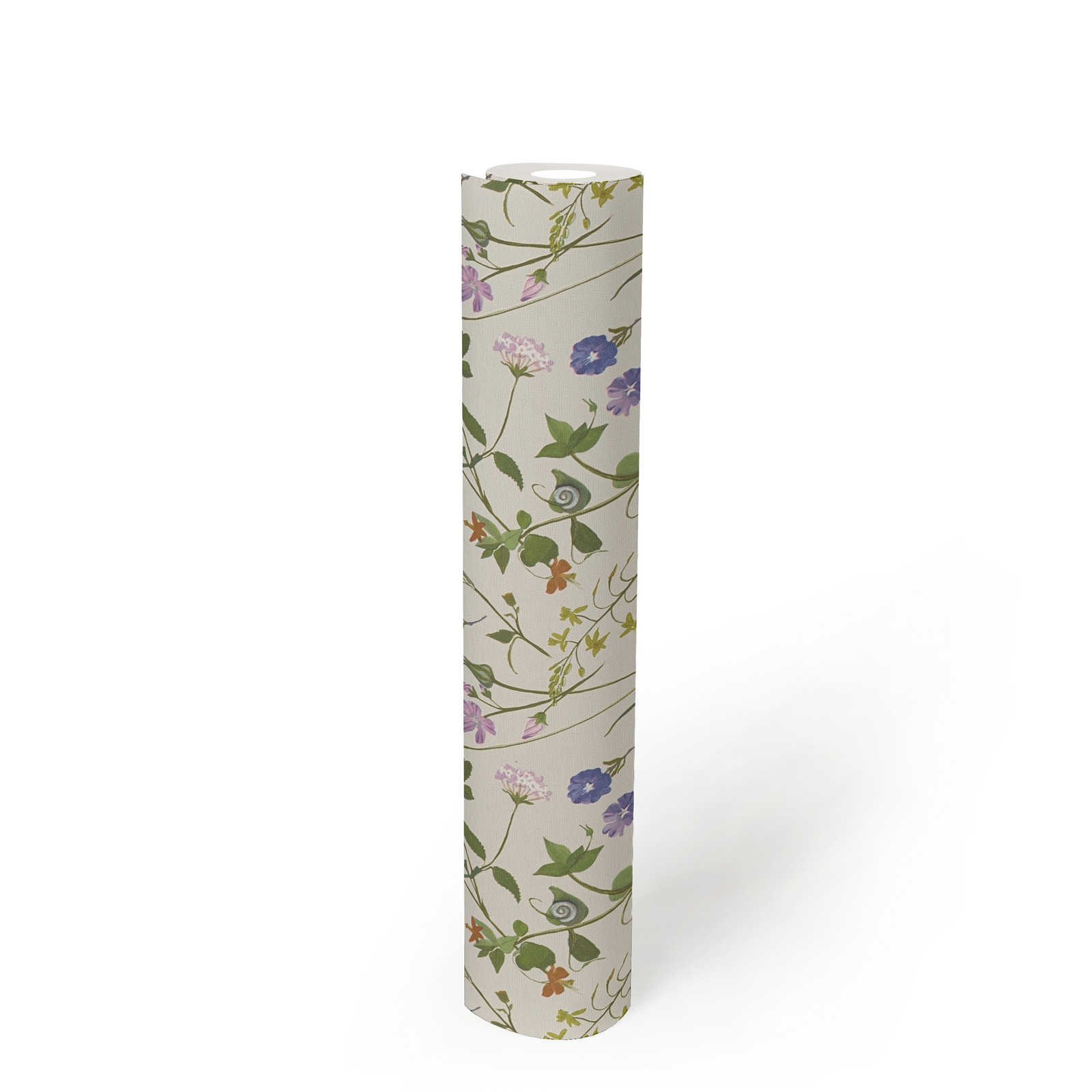             Non-woven wallpaper with various flowers & leaves - cream, green, colourful
        