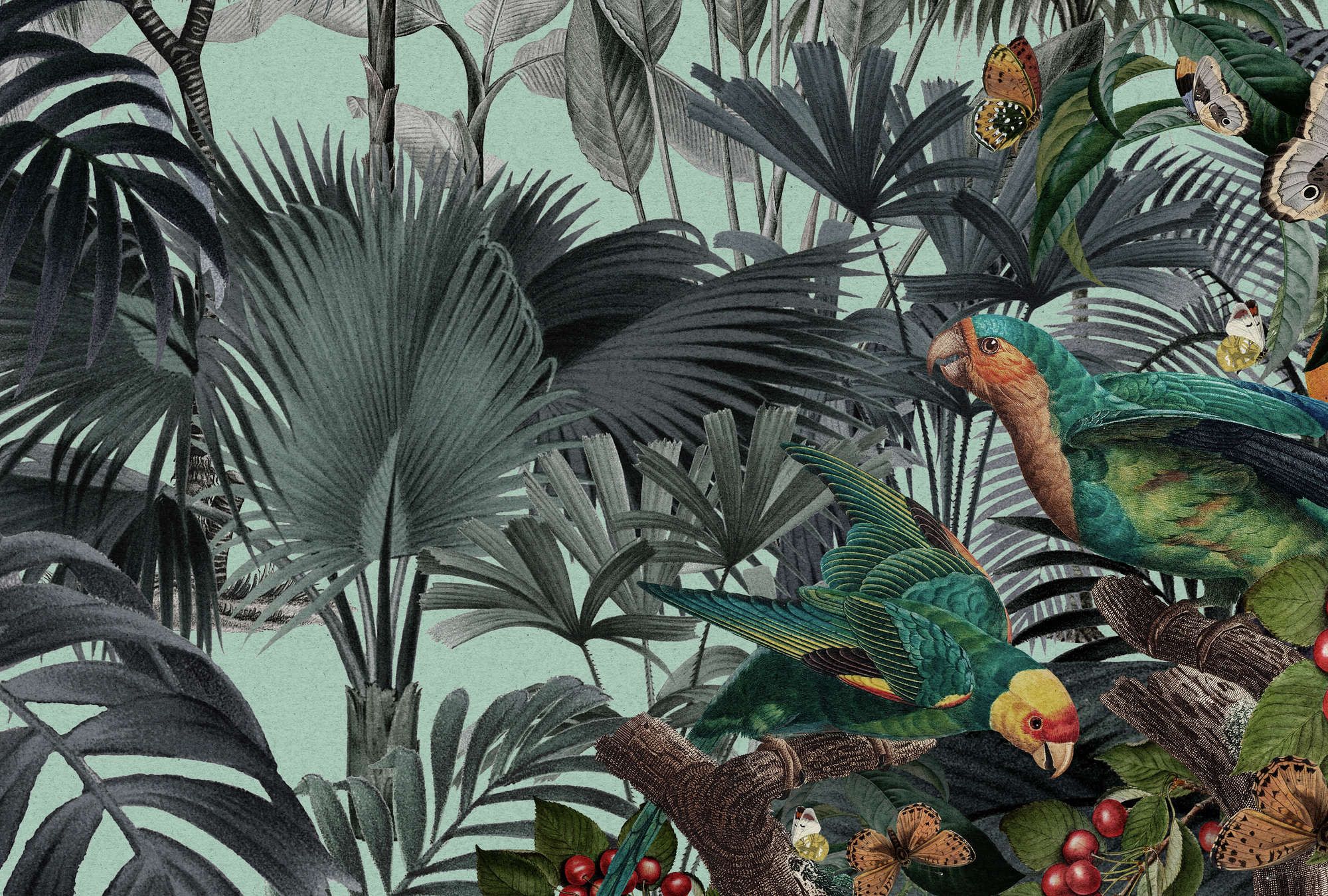             Photo wallpaper »arabella« - Jungle & parrots on kraft paper look - Smooth, slightly shiny premium non-woven fabric
        