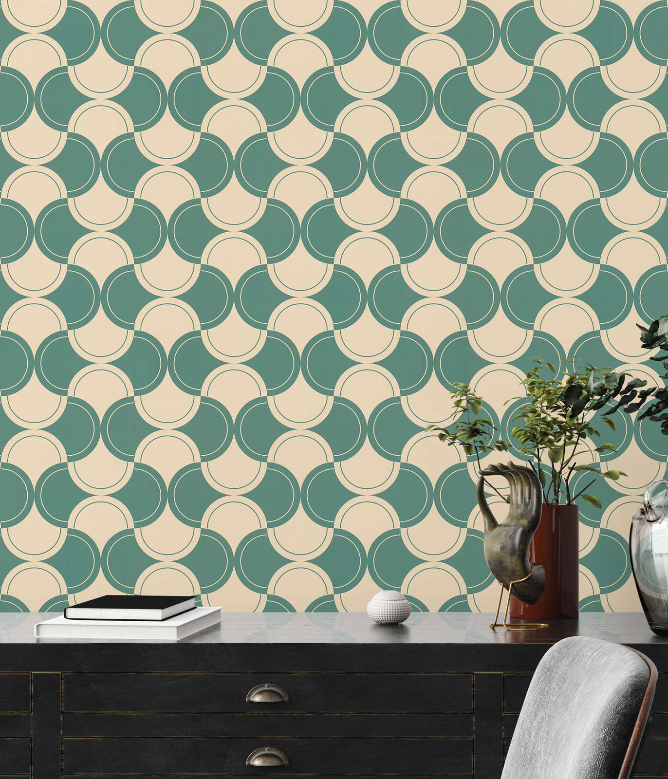             Non-woven wallpaper with semi-circle pattern in 70s style - green, beige
        