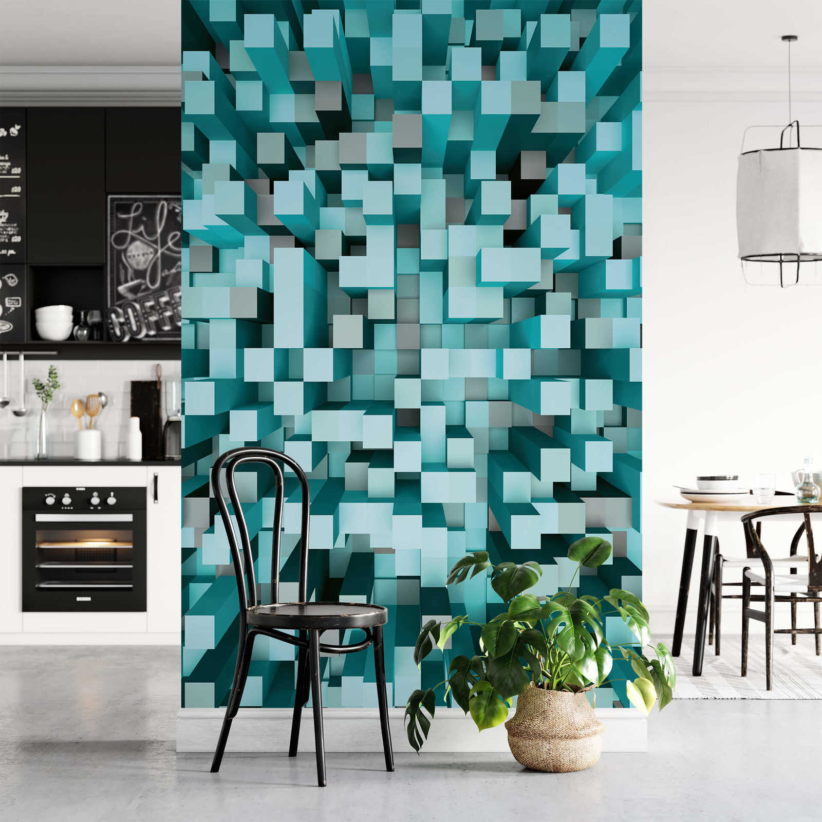             3D Photo wallpaper with cube pattern, portrait format - turquoise
        