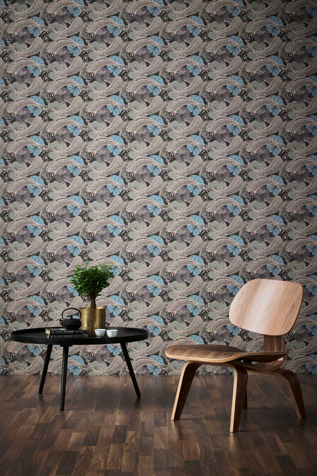             Non-woven wallpaper Asian Koi design with metallic effect - blue, metallic, black
        