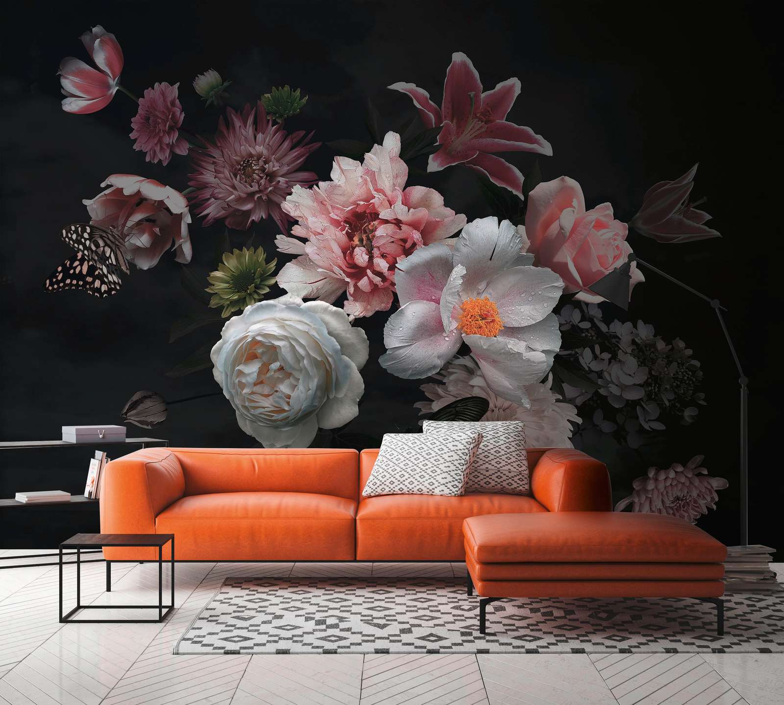             Various Flowers with Butterfly Wallpaper - Black, Pink, White
        