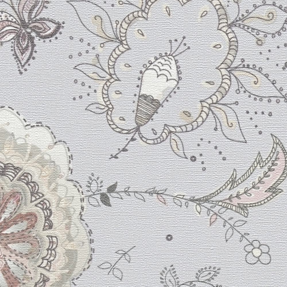             Carta da parati in tessuto non tessuto con motivo floreale astratto a struttura fine - grigio, beige, crema
        