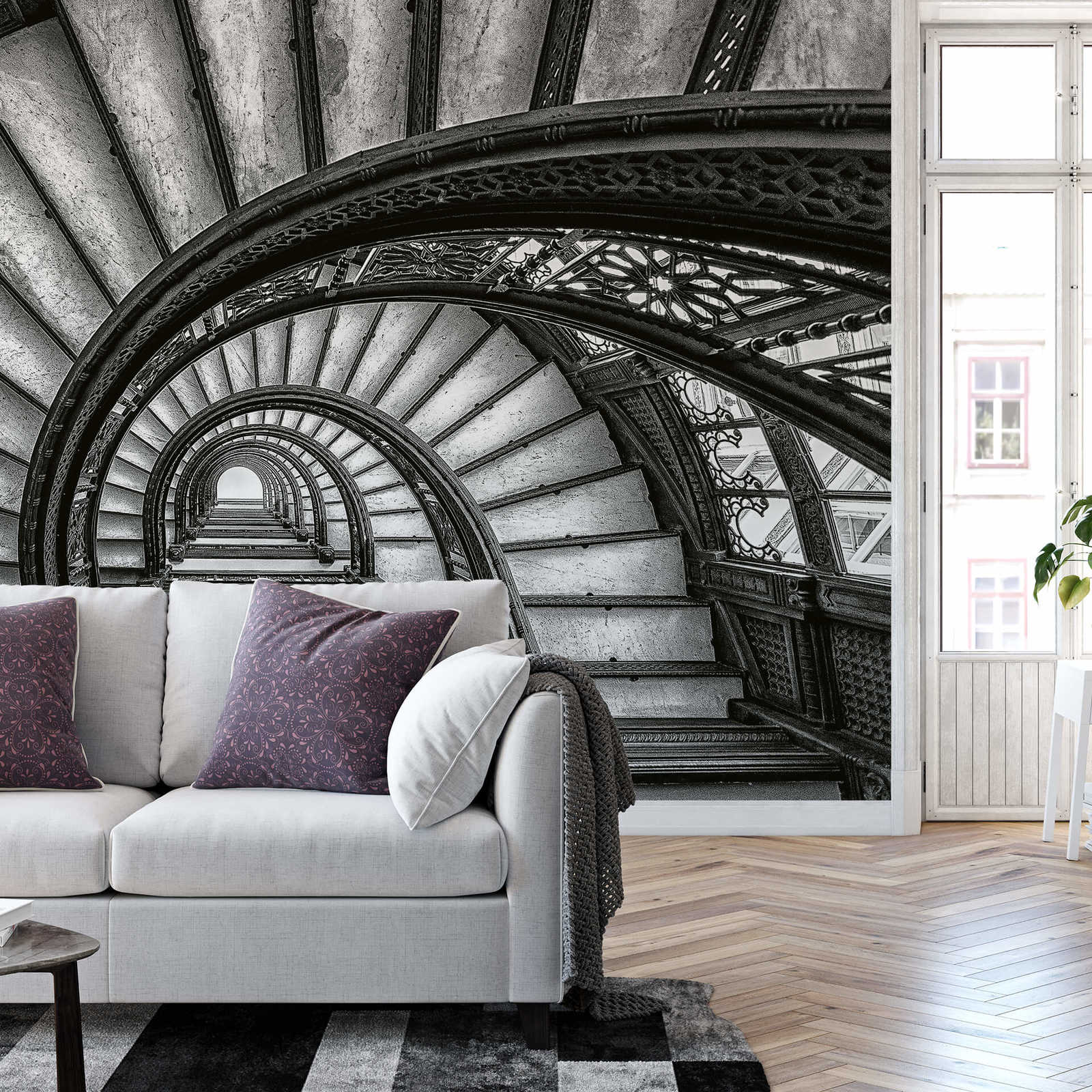             Photo wallpaper old stairs - grey, white, black
        