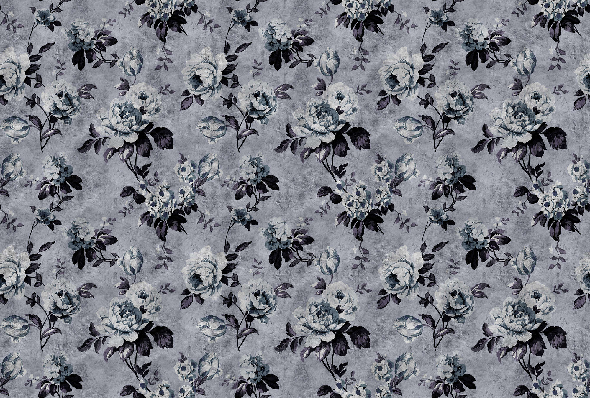             Wilde rozen 6 - Rozenbehang in retrolook, grijs in krasstructuur - Blauw, Paars | Premium glad vlies
        