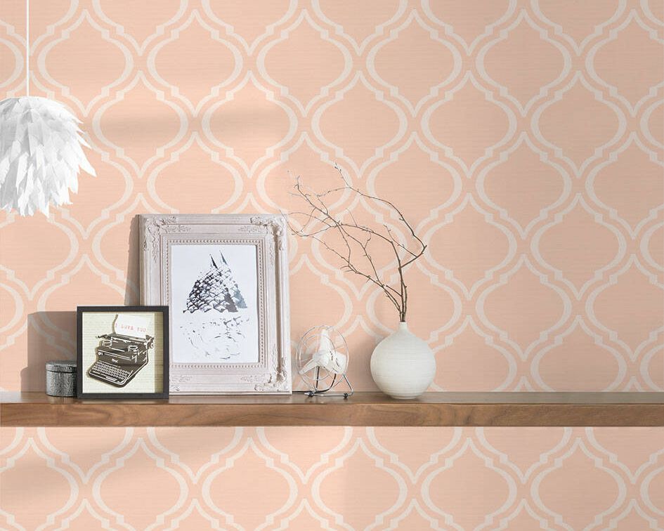 Peach-coloured wallpaper with ornament details in Scandi Look AS366653