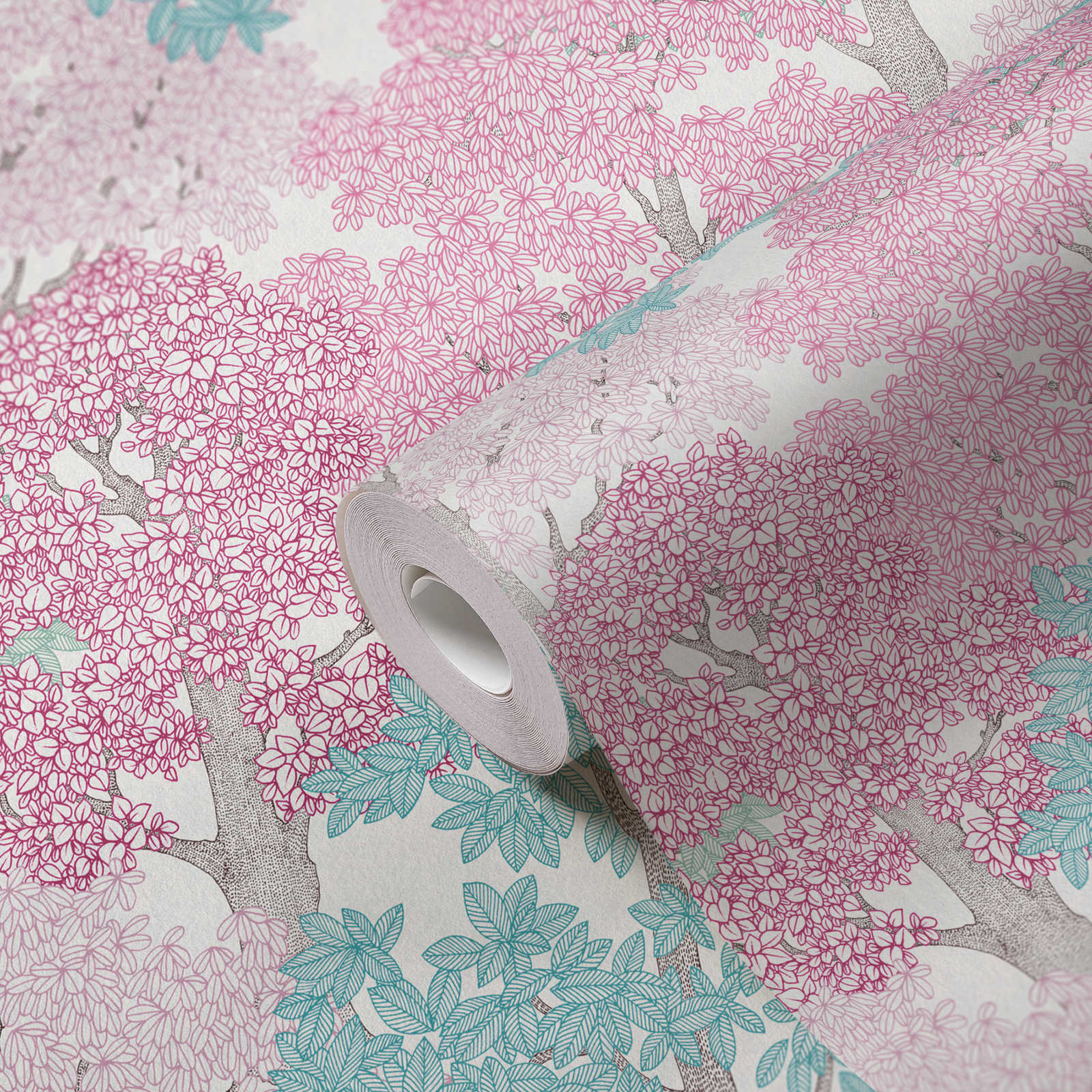            Papel pintado de diseño de bosque en estilo de dibujo con copas de árboles - rosa, azul, blanco
        