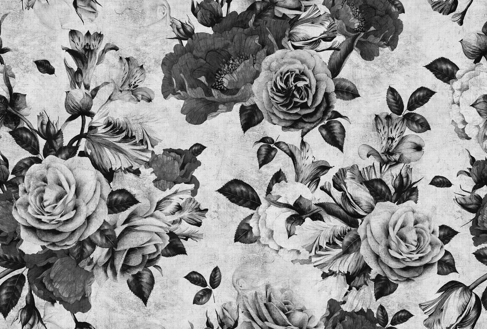             Rosa española 1 - Papel pintado Rosa con flores blancas y negras en estructura de lino natural - Gris, Negro | Vellón liso Premium
        