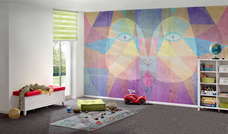             Mural infantil cara de león en colores vivos sobre tejido no tejido liso nacarado
        