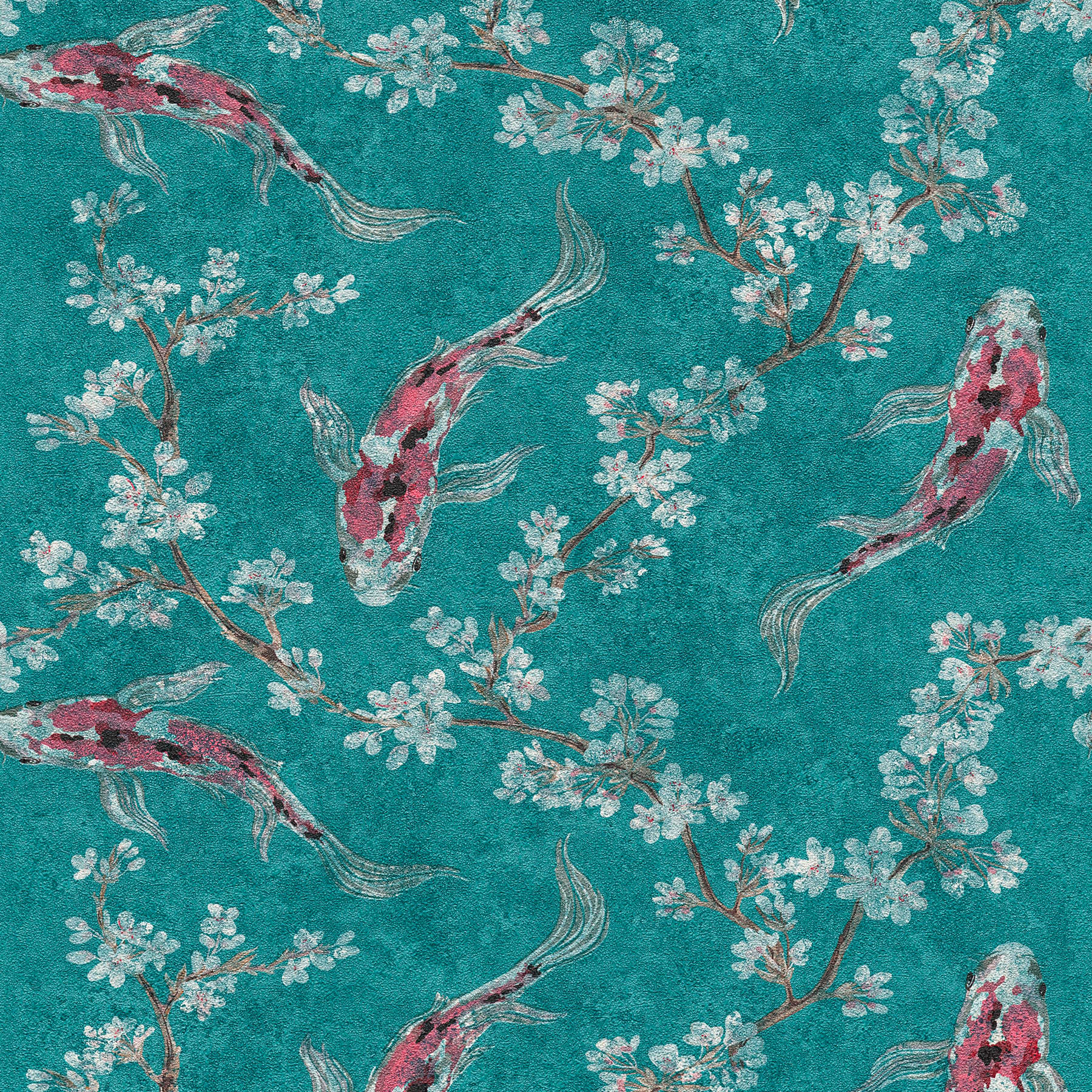         Non-woven wallpaper with koi pattern in Asian style - blue, green, red
    