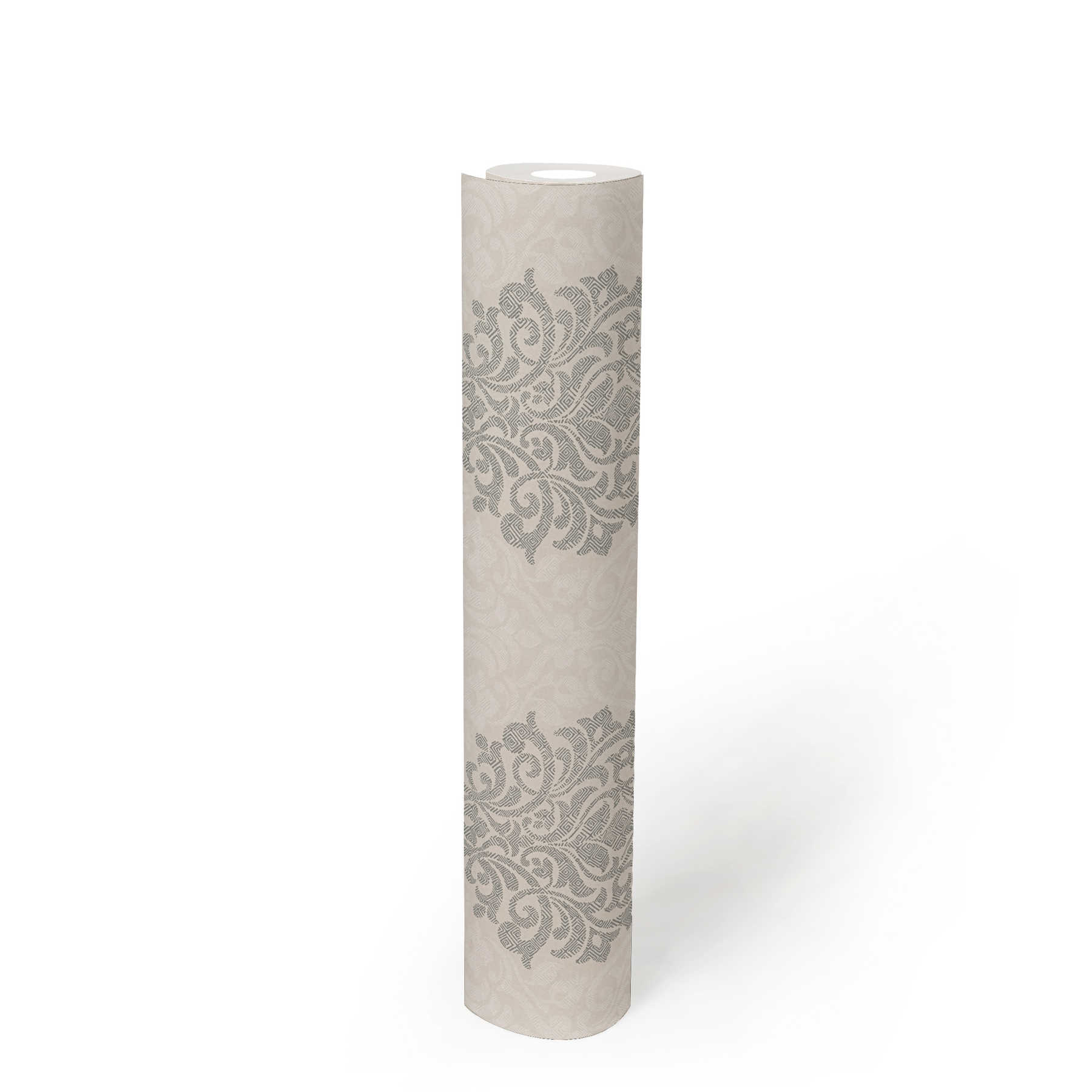            Floral ornamental wallpaper diamond pattern in ethnic style - beige, silver
        