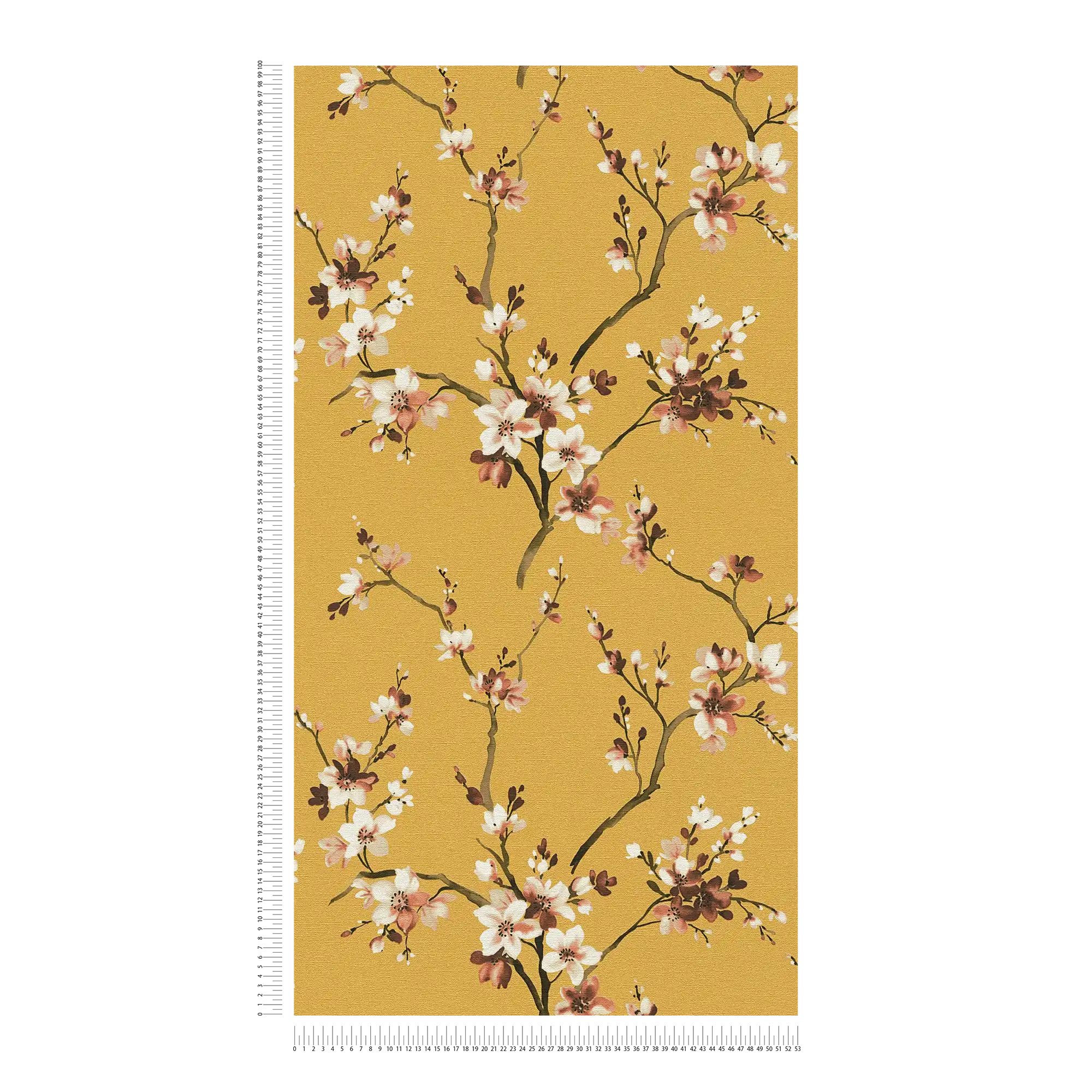             Papel Pintado Floral Amarillo Mostaza con Ramas en Flor
        