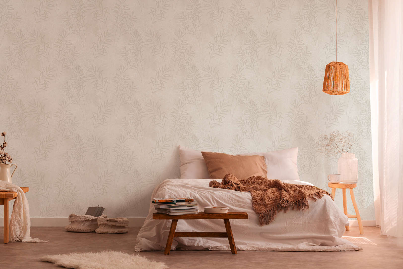             Scandinavian style non-woven wallpaper with floral grasses - cream, beige, metallic
        