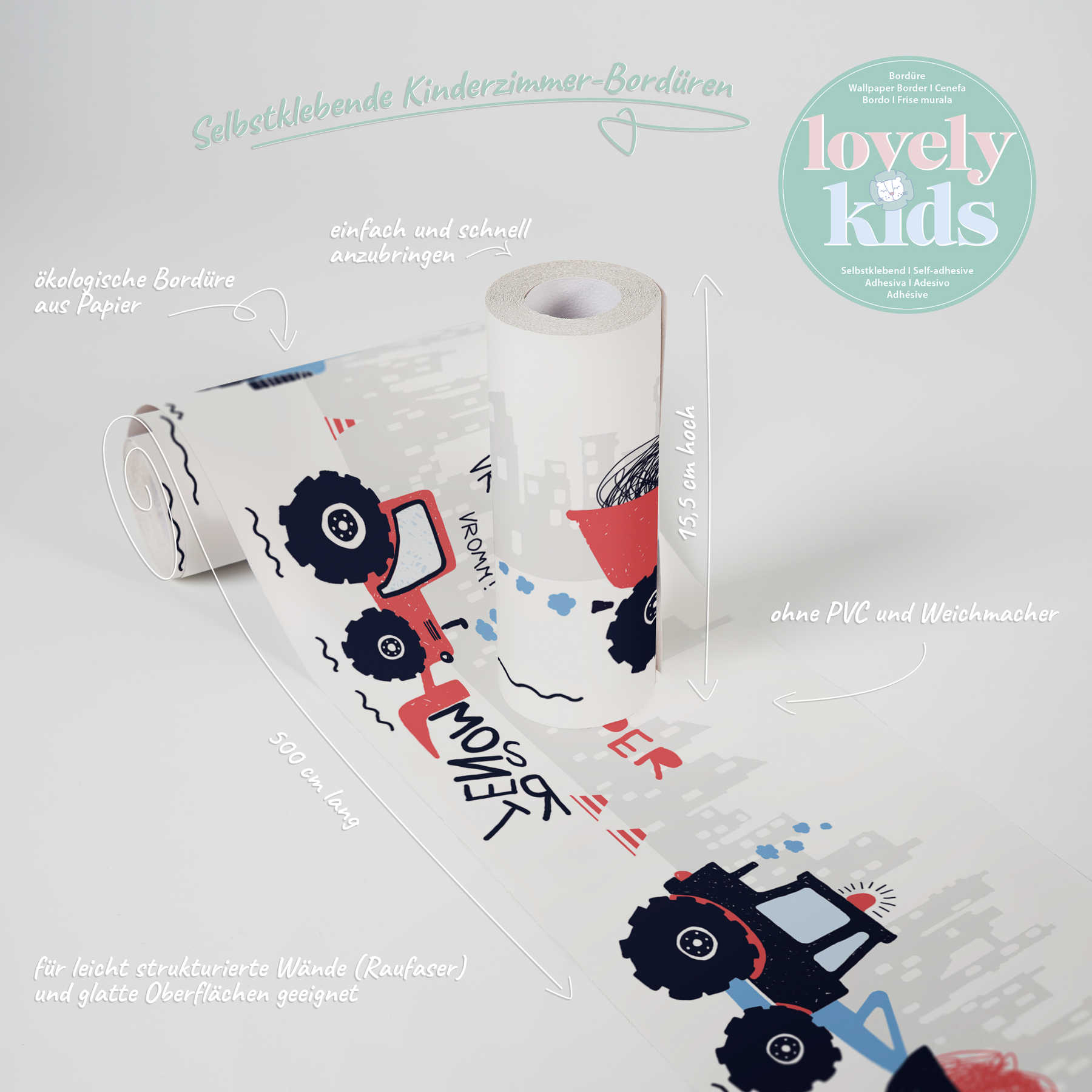             Wallpaper for boys, self-adhesive border "Tractor work" - red, blue, grey
        