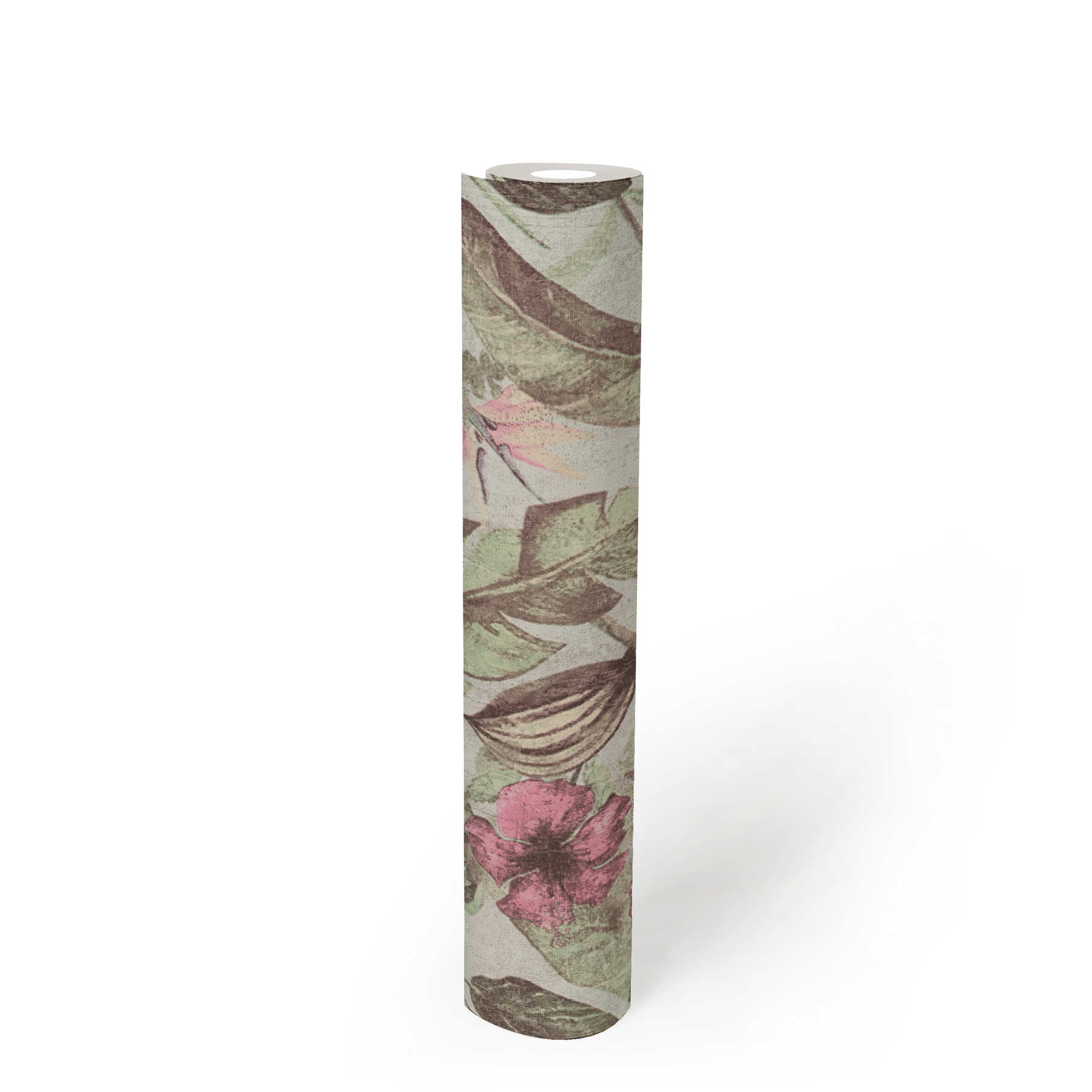             Papier peint motif floral, style tropical & aspect textile - rose, vert, marron
        