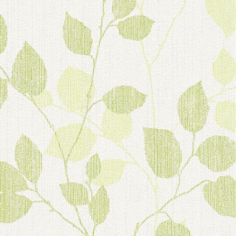             Carta da parati con motivi di foglie nei colori primaverili - verde, bianco
        