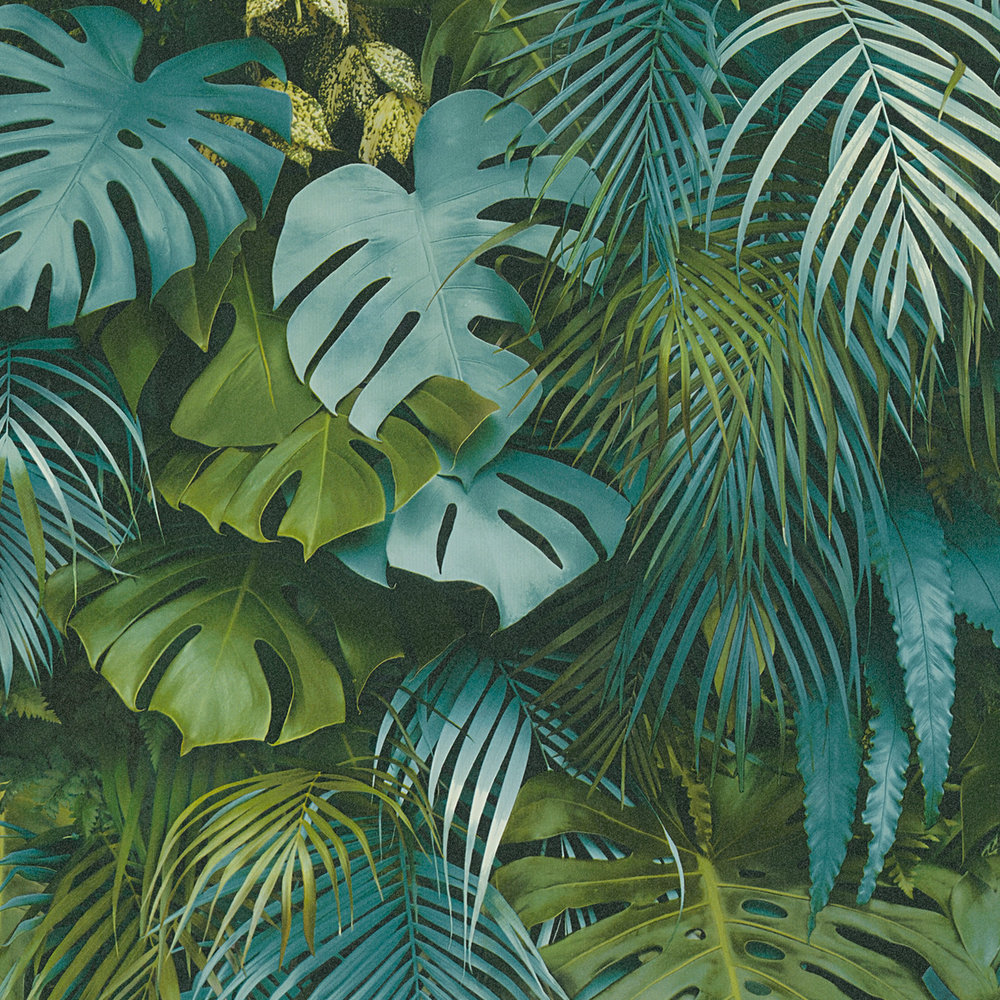             Behang groen blad bos, realistisch, kleuraccenten - groen, blauw
        