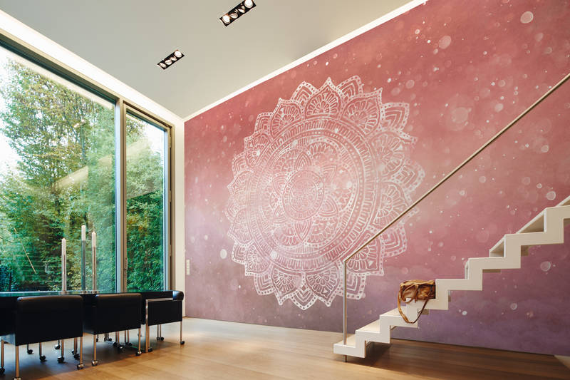             Papier peint panoramique Mandala style boho pour chambre de fille - rose, blanc, orange
        