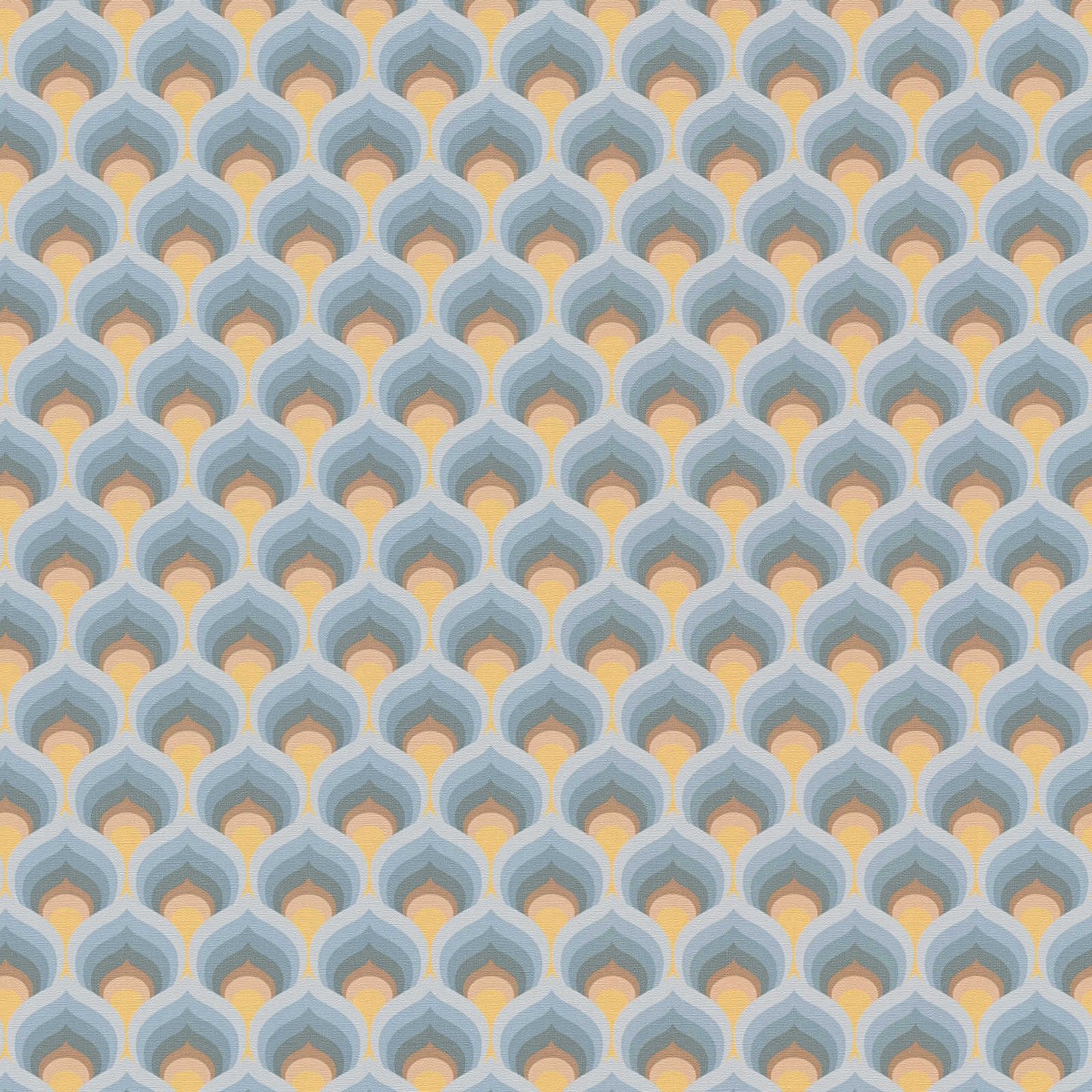 Non-woven wallpaper with retro scale pattern - blue, brown, yellow

