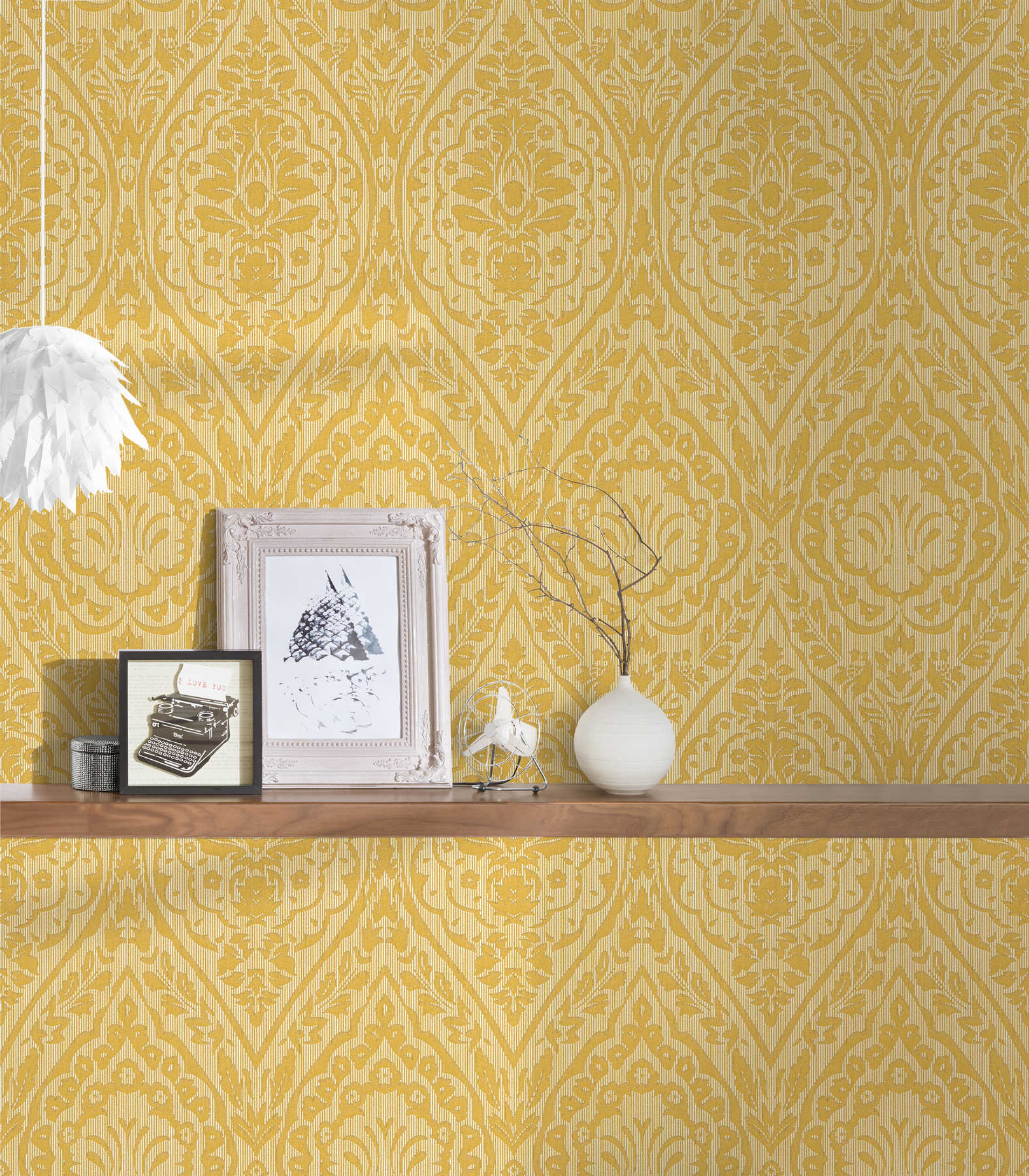             Non-woven wallpaper with structure design & ornamental pattern - yellow
        