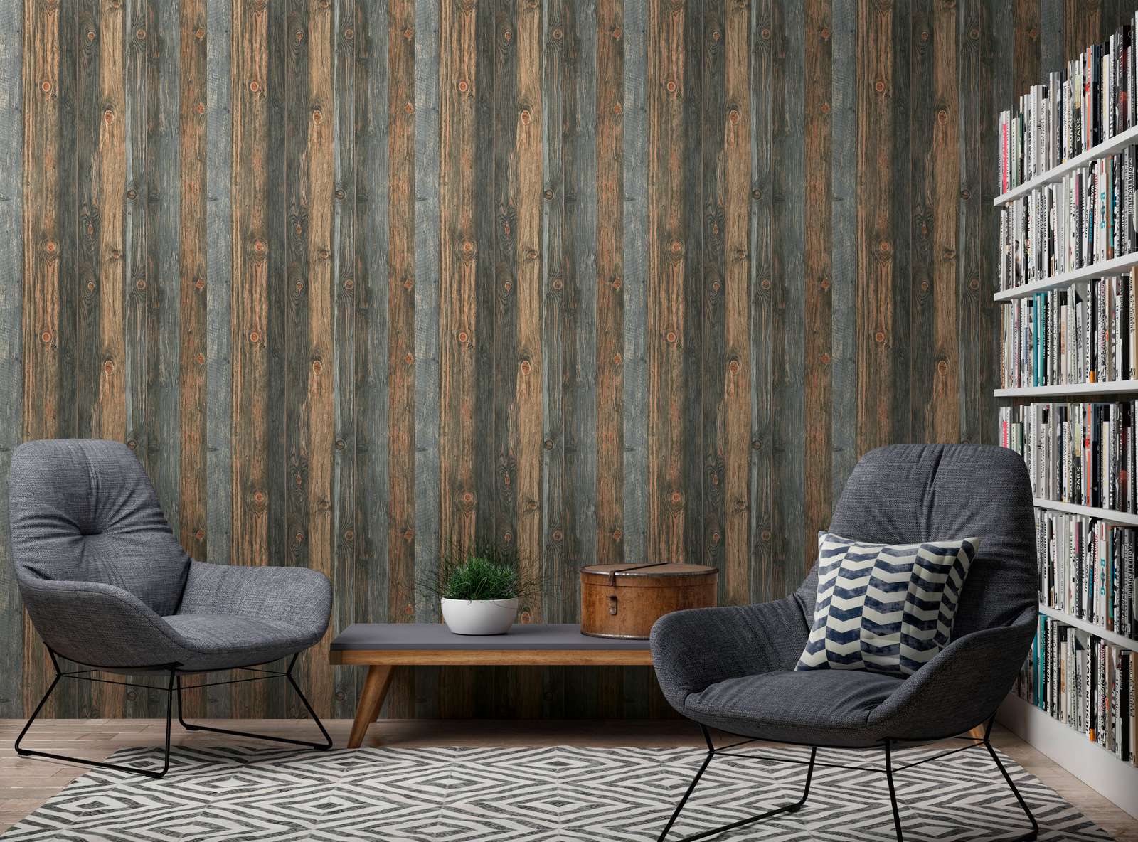             Wooden wallpaper with boards motif, wood texture & grain - brown, grey, beige
        