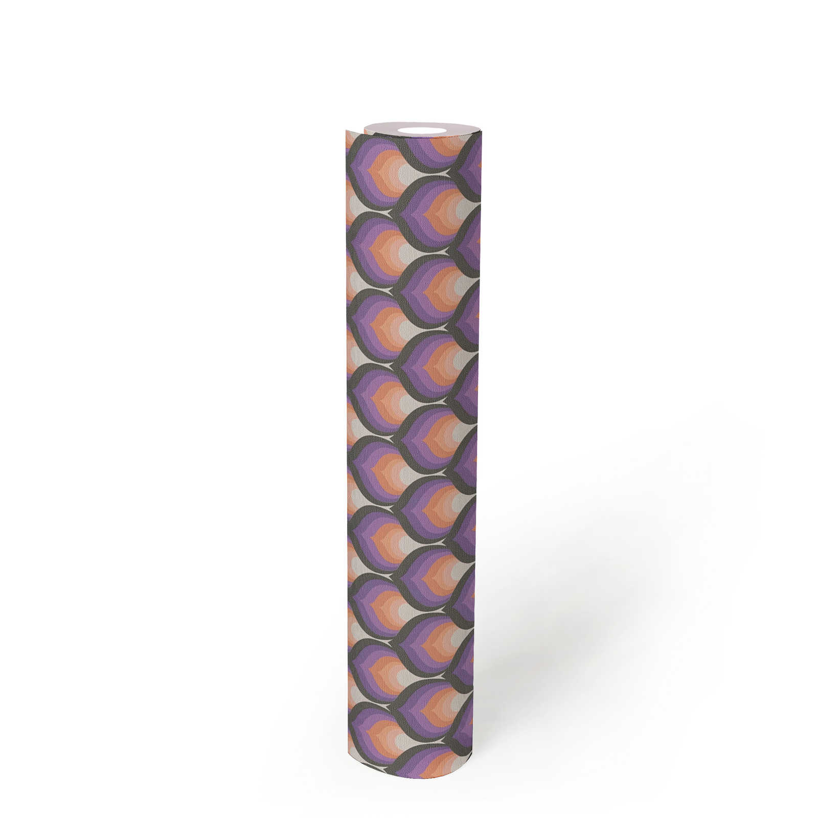             Retro style wallpaper with abstract scale pattern - orange, black, purple
        