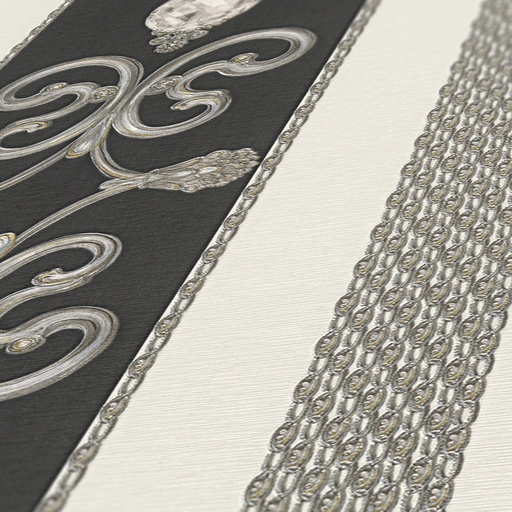             Luxe behang met metallic strepen & ornamenten - zwart
        