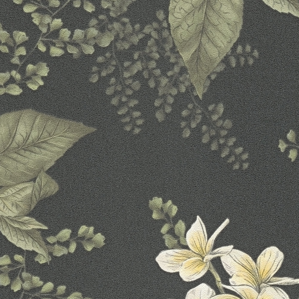             Papel pintado moderno floral con flores y hierbas textura mate - negro, verde oscuro, blanco
        